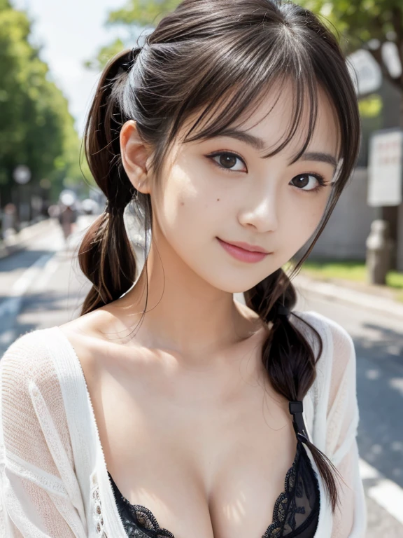 Cute 24 year old Japan、on the road、Highly detailed face、Pay attention to the details、double eyelid、Beautiful thin nose、Sharp focus:1.2、Beautiful woman:1.4、(low twintails)、Pure white skin、highest quality、masterpiece、Ultra-high resolution、(Realistic:1.4)、Highly detailed and professional lighting、nice smile、cardigan、Gravure pose、sheer、Black Bra、freckles