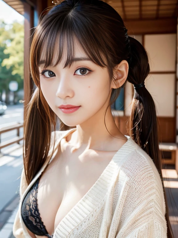 Cute 24 year old Japan、on the road、Highly detailed face、Pay attention to the details、double eyelid、Beautiful thin nose、Sharp focus:1.2、Beautiful woman:1.4、(low twintails)、Pure white skin、highest quality、masterpiece、Ultra-high resolution、(Realistic:1.4)、Highly detailed and professional lighting、nice smile、cardigan、Gravure pose、sheer、Black Bra、freckles
