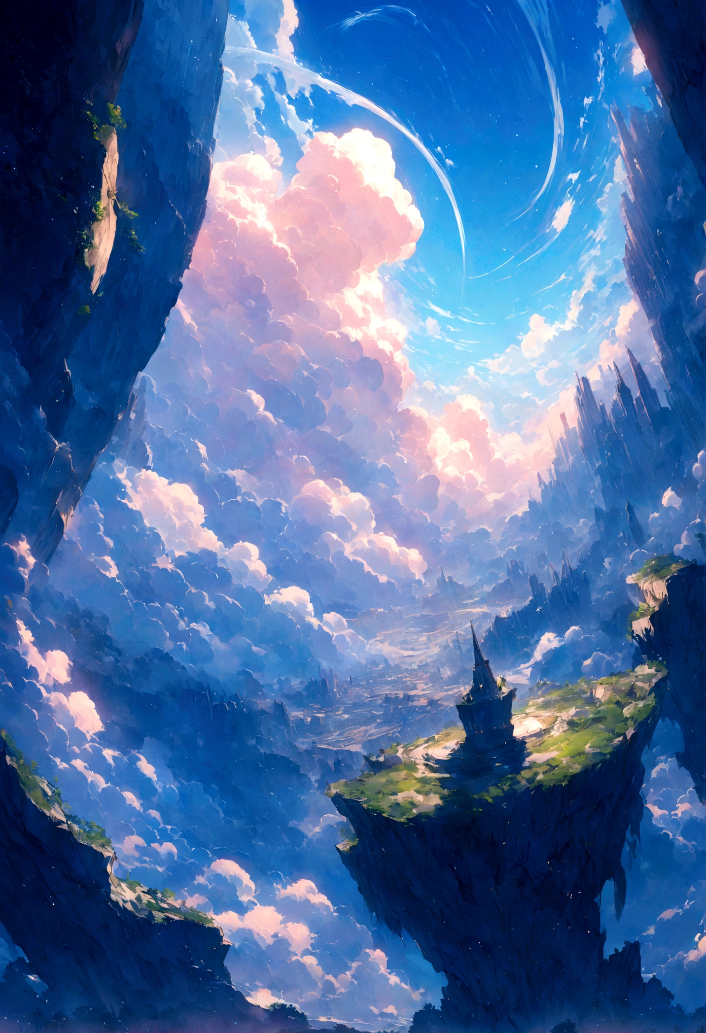A vast, clear blue sky dominates the frame, transitioning from a deep blue at the top to a brighter, more translucent sky blue near the horizon, creating a gradient that seems to represent the effect of light scattering and absorption through the layers of the atmosphere, reminiscent of the stunning visuals in Makoto Shinkai's films. Countless cumulus clouds spread across the sky, their centers thick and three-dimensional, appearing soft and rounded like cotton candy. In contrast, the edges of the clouds are delicate and translucent, blurring the boundaries with the blue sky, evoking the ethereal quality characteristic of Shinkai's works. The clouds vary in size and shape, ranging from small, scattered puffs to larger masses, creating a diverse and dynamic skyscape that captures the essence of Shinkai's artistic style. Sunlight pierces through the gaps between the clouds, illuminating their edges with a dazzling glow, a technique often employed in Shinkai's films to create an enchanting, dreamlike atmosphere. This interplay of light enhances the three-dimensionality of the clouds and adds depth to the sky, drawing the viewer into the mesmerizing world of Shinkai's creations. The central cloud, in particular, shines more brightly than its surroundings, creating a dramatic focal point against the blue backdrop, a composition that echoes the visual storytelling techniques used in Shinkai's works. The lower portion of the image reveals an urban landscape, with towering skyscrapers lining the horizon, a common motif in Shinkai's films that often explores the relationship between nature and human society. This juxtaposition of the vast, natural beauty above and the man-made cityscape below creates a striking contrast, yet also suggests a coexistence between the two worlds, a theme frequently explored in Shinkai's narratives. The city's structures reflect the sunlight filtering through the clouds, adding a sparkling, luminous quality to the scene, further emphasizing the d
