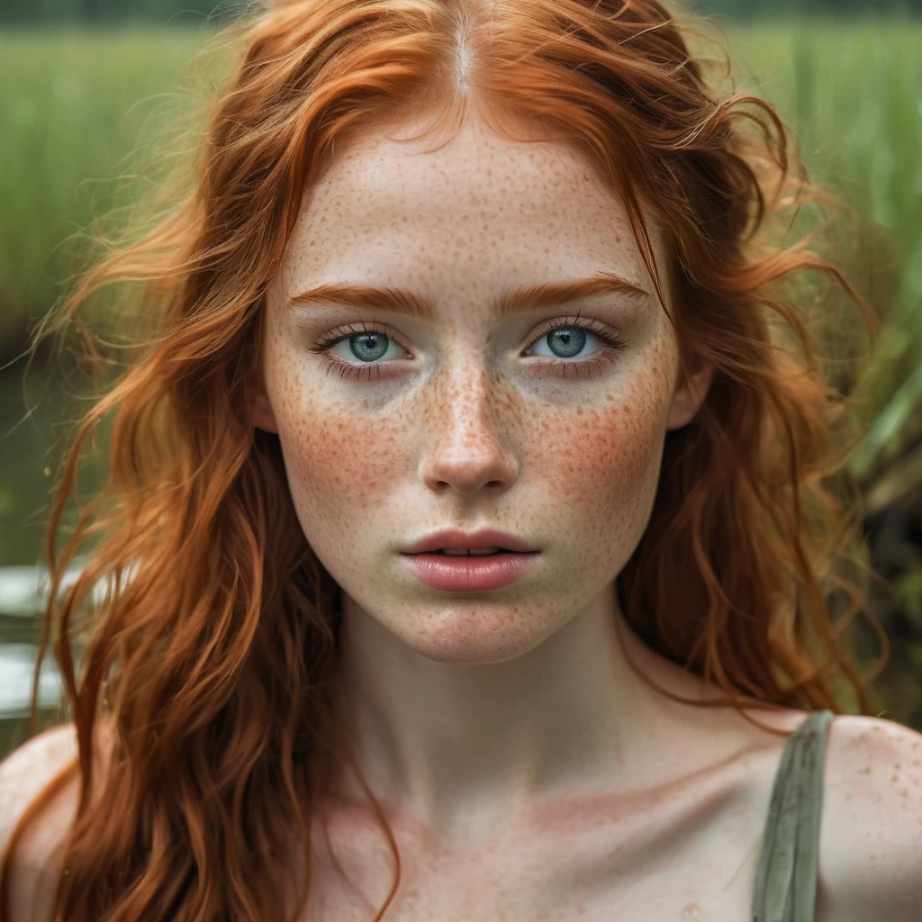 An exquisitely detailed photograph of an elegant red-haired girl with freckles., Drowning in the swamp, a few freckles scattered on the dewdrops of a beautiful face, con rasgos puntiagudos, a dreamy look with languid eyes and a mouth slightly open in an expression of euphoria. Ella&#39;lleva una camiseta mojada, pecho ajustado, y jeans sucios, incrustado en el fondo fangoso del pantano. Among stumps and trees tangled in thorny vines, a girl drowns in a dark swamp., desperately clinging to slippery hooks with fingers, pero incapaz de superar el viscoso dno. Su cara, arrojado de vuelta al cielo, expresses a mixture of agony, shame and perverted pleasure for indulging in a dirty fetish, ((((full body view))))