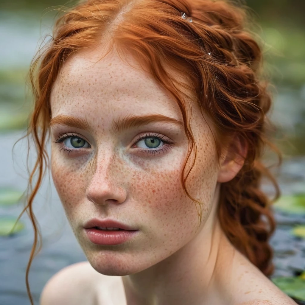 An exquisitely detailed photograph of an elegant red-haired girl with freckles., Drowning in the swamp, a few freckles scattered on the dewdrops of a beautiful face, con rasgos puntiagudos, a dreamy look with languid eyes and a mouth slightly open in an expression of euphoria. Ella'lleva una camiseta mojada, pecho ajustado, y jeans sucios, incrustado en el fondo fangoso del pantano. Among stumps and trees tangled in thorny vines, a girl drowns in a dark swamp., desperately clinging to slippery hooks with fingers, pero incapaz de superar el viscoso dno. Su cara, arrojado de vuelta al cielo, expresses a mixture of agony, shame and perverted pleasure for indulging in a dirty fetish, ((((full body view))))