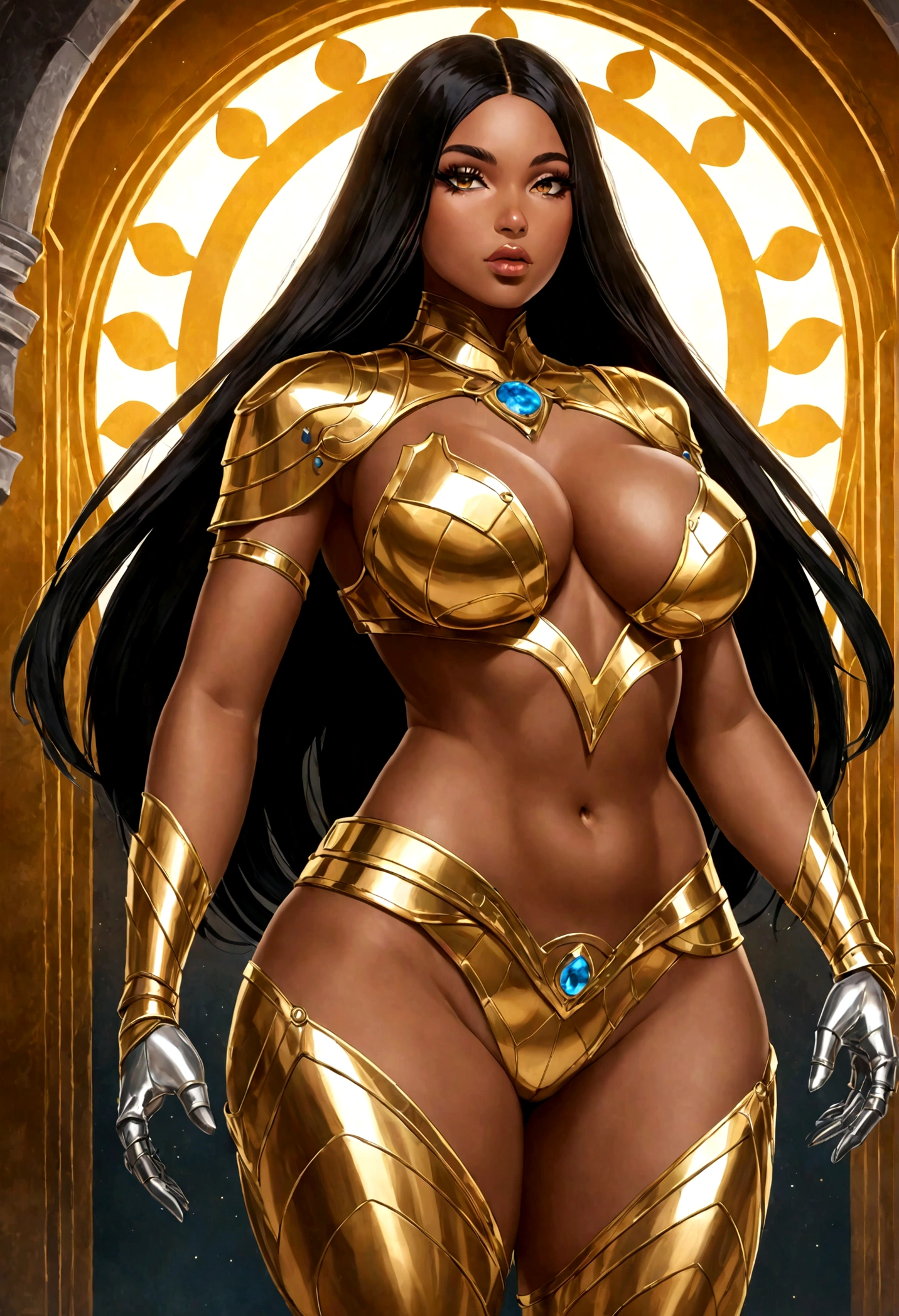 Very long fit Woman with skin complexion while she is wearing armor suit inspired Artemis and Aphrodite, Womanly, (armor suit and gloves), impossibly small tiny waist abs waistline, circumference of lower extremities far exceeds 100 inches hips, she has massively immense hip measurements, with the worlds largest massive buttocks, location random, intense detail, bold leggings, hyper realistic, A bottom-heavy, superior body part, embodying a fusion of Dua Lipa as Megan thee Stallion as Vixen (from dc comics), very voluptuous lower body, feminine figure, portraits, Reductionist form, mujercore, illuminated from the back, bold lines, ultra photo-realistic resolution, 80 mm, 8k uhd, highres, sharp focus, extremely detailed, cinematic lighting, afrorcore, photoshoot by DynastySeries FashionNova, no nsfw, no nude
