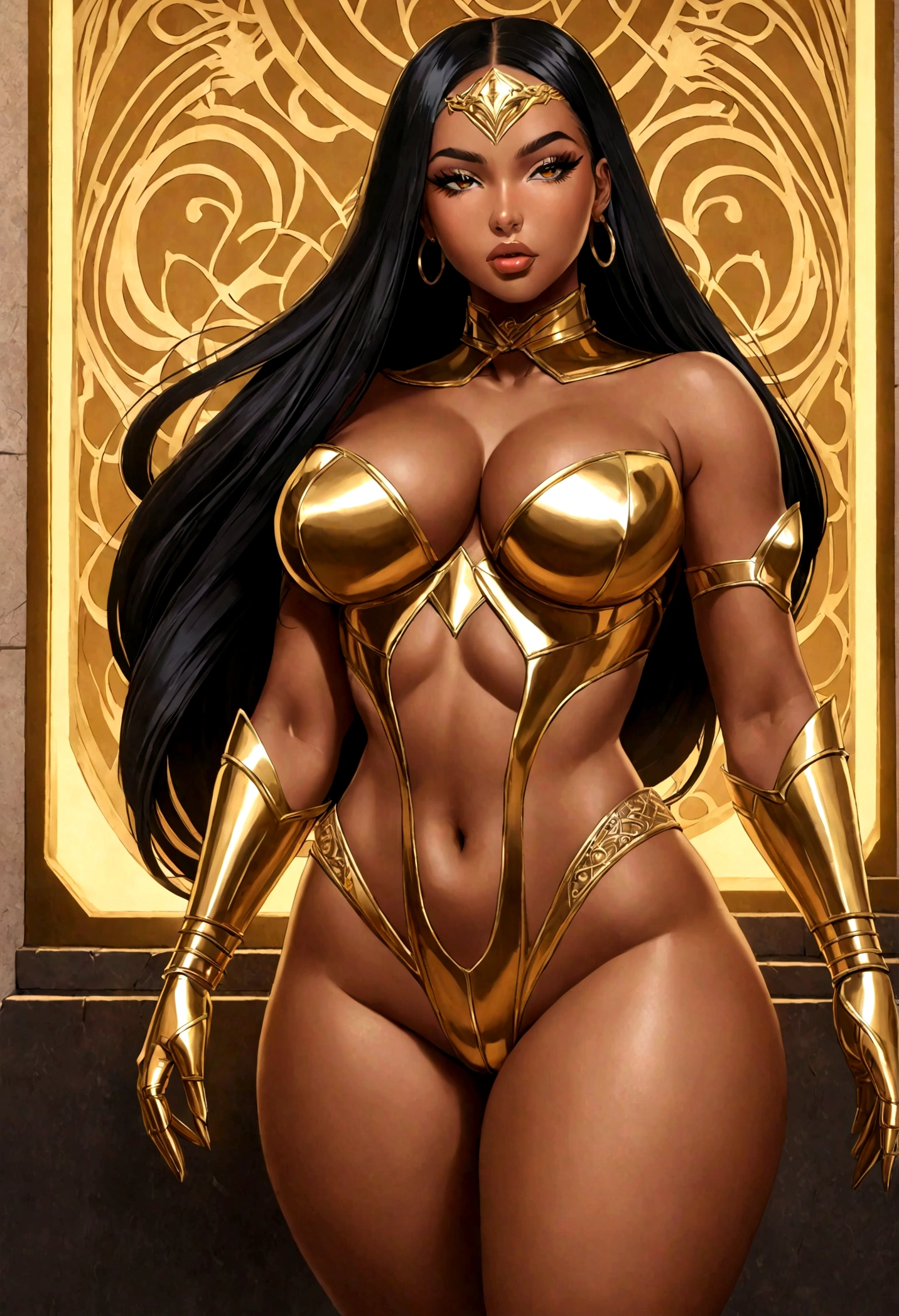 Very long fit Woman with skin complexion while she is wearing armor suit inspired Artemis and Aphrodite, Womanly, (armor suit and gloves), impossibly small tiny waist abs waistline, circumference of lower extremities far exceeds 100 inches hips, she has massively immense hip measurements, with the worlds largest massive buttocks, location random, intense detail, bold leggings, hyper realistic, A bottom-heavy, superior body part, embodying a fusion of Dua Lipa as Megan thee Stallion as Vixen (from dc comics), very voluptuous lower body, feminine figure, portraits, Reductionist form, mujercore, illuminated from the back, bold lines, ultra photo-realistic resolution, 80 mm, 8k uhd, highres, sharp focus, extremely detailed, cinematic lighting, afrorcore, photoshoot by DynastySeries FashionNova, no nsfw, no nude