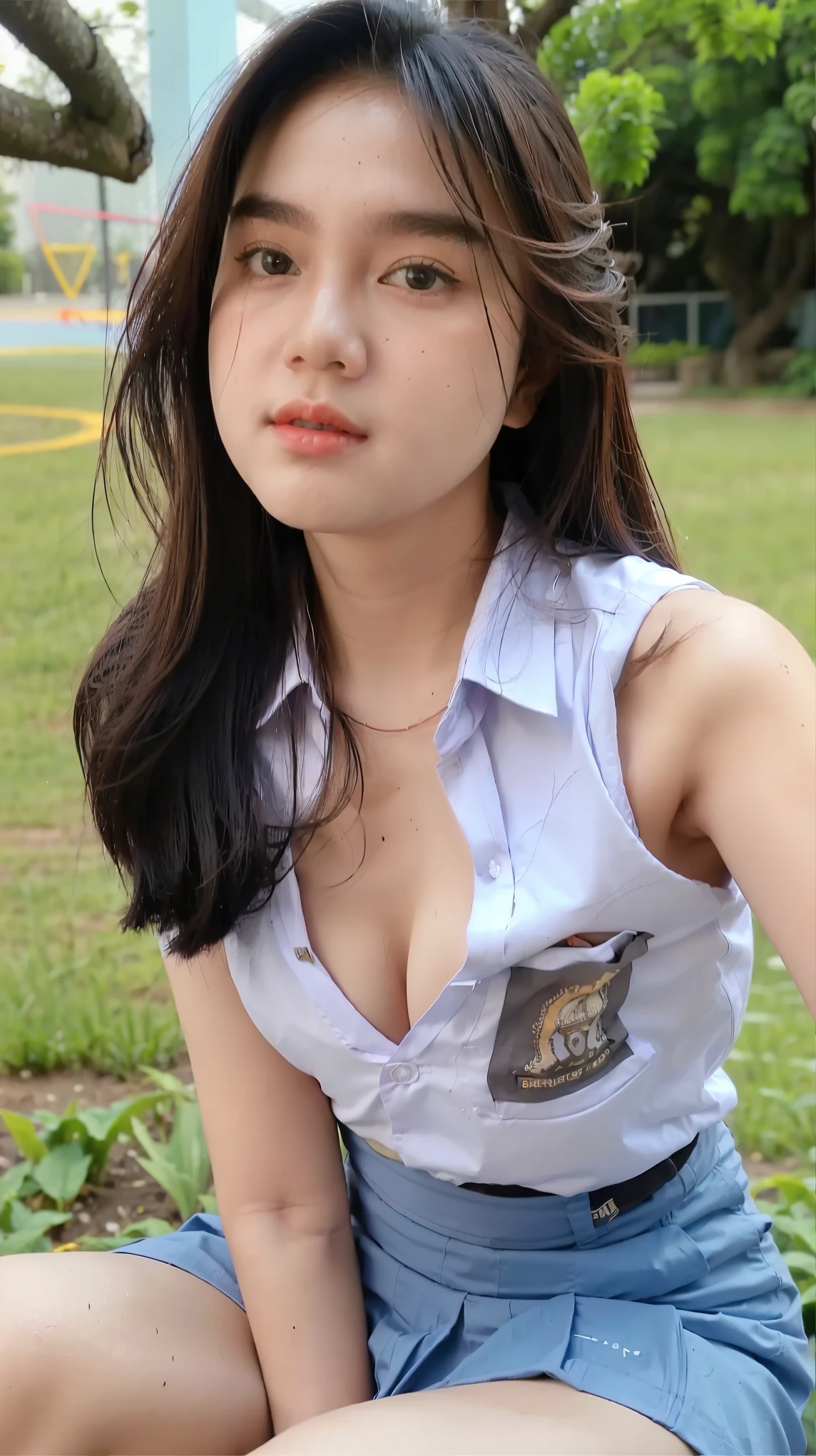 Beautiful 18 Years Old , Large Breast , ((Cleavage:1.3)) , Sleeveless , ((Wearing High School Uniform)) , High School Skirt , Kayes , Indonesian Influencer , Garden Outdoor , Take Selfie , ((Face Focus)) , ((Centre:1.1)), ((Symetric Picture:1.1)) , ((Long Blonde Hair:1.1)) , Extremely Detailed , ((Bokeh:1.3))