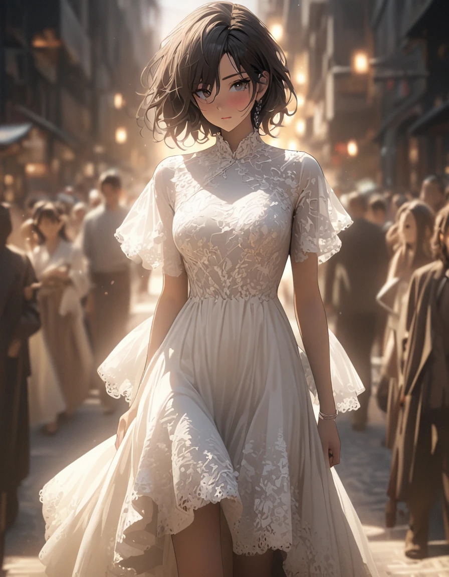 Beautiful Commoners、Perfect Face、Loose depiction、Eyes are hollow focus、Wine-colored lace dress、Holding hands、Overlooking from afar、close、Rim light transparent special effect，Full body portrait，OC Renderer，Octane Renderer，Pure White Background， High detail, 4K, masterpiece.