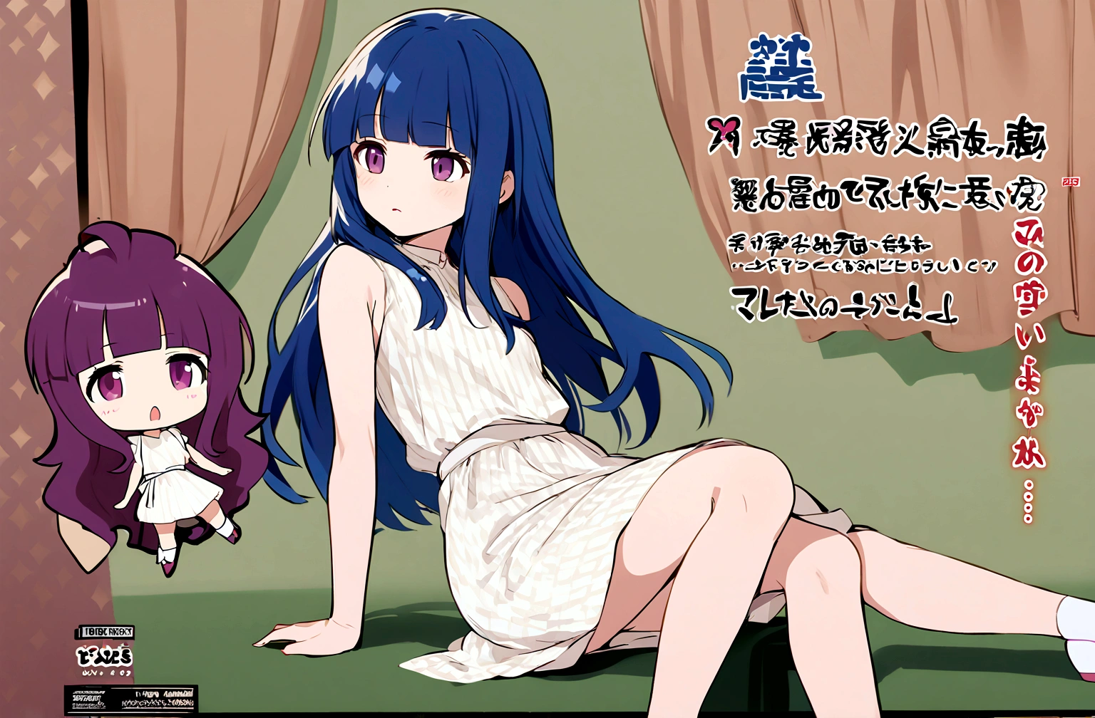 One girl, alone, Full Out Rika, cute, Blue Hair, Purple eyes, Long Hair, blunt bangs, bangs, chibi anime