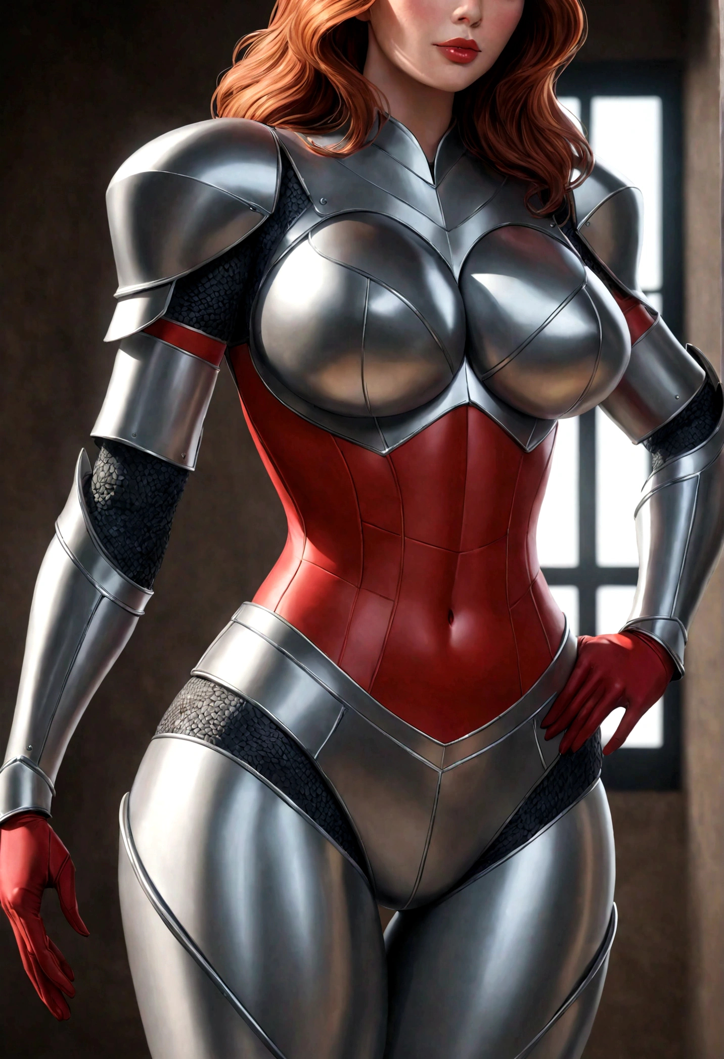 Very long hair Auburnfit Woman with white skin complexion while she is wearing armor suit inspired by Jessica Rabbit and Jean Grey, Womanly, (armor suit and gloves), impossibly small tiny waist abs waistline, circumference of lower extremities far exceeds 90 inches hips, she has massively immense hip measurements, with the worlds largest massive buttocks, location random, intense detail, bold leggings, hyper realistic, A bottom-heavy, superior body part, embodying a fusion of Christina Hendricks and young Brooke Shields , very voluptuous lower body, feminine figure, portraits, Reductionist form, mujercore, illuminated from the back, bold lines, ultra photo-realistic resolution, 80 mm, 8k uhd, highres, sharp focus, extremely detailed, cinematic lighting, armorcore, no nsfw, no nude
