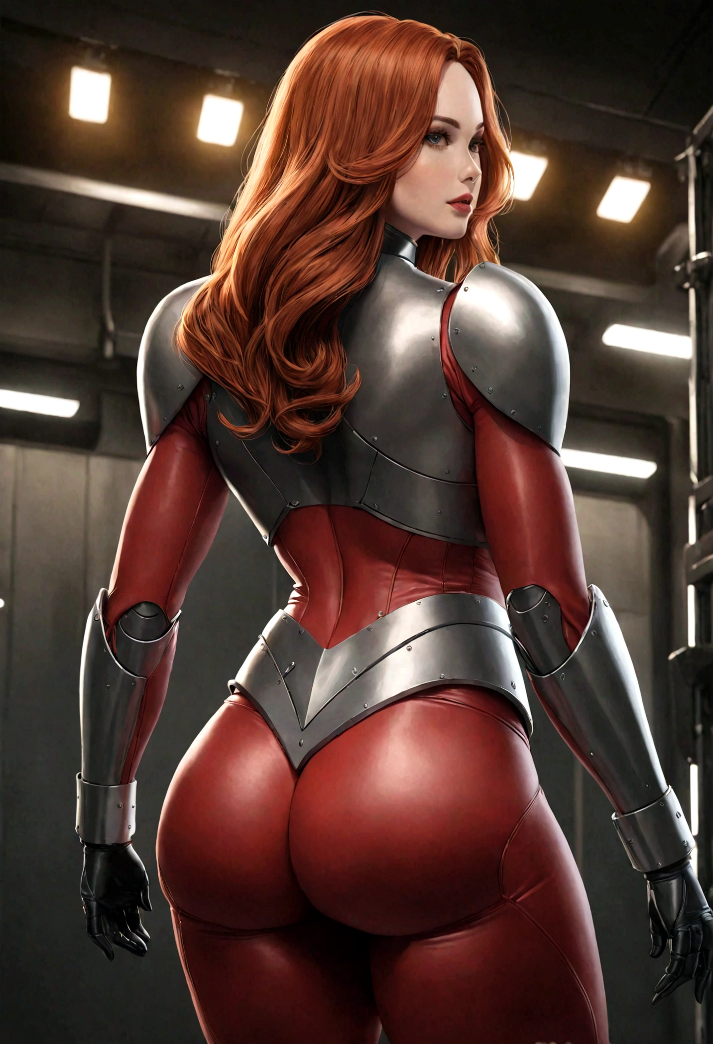Very long hair Auburnfit Woman with white skin complexion while she is wearing armor suit inspired by Jessica Rabbit and Jean Grey, Womanly, (armor suit and gloves), impossibly small tiny waist abs waistline, circumference of lower extremities far exceeds 90 inches , she has massively immense hip measurements, with the worlds largest massive , location random, intense detail, bold leggings, hyper realistic, A bottom-heavy, superior body part, embodying a fusion of Christina Hendricks and young Brooke Shields , very voluptuous lower body, feminine figure, portraits, Reductionist form, mujercore, illuminated from the back, bold lines, ultra photo-realistic resolution, 80 mm, 8k uhd, highres, sharp focus, extremely detailed, cinematic lighting, armorcore, no , no 