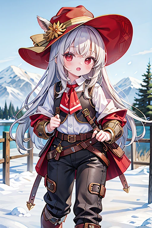 masterpiece, highest quality, Very detailed, 16k, Ultra-high resolution, Cowboy Shot, Detailed face, Perfect Fingers, One , Red eyes, Silver Hair, Long Hair, Safari Hat, Waistcoat, Pants look, Thick-soled shoes, Snowy areas, walk, medieval armor