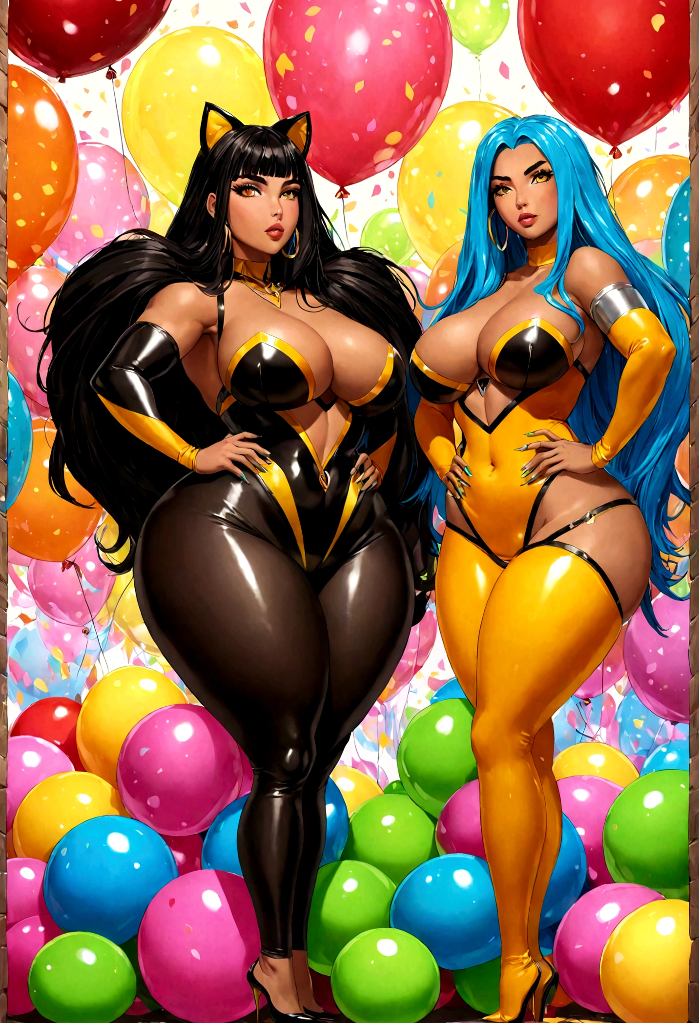 neon colors, physique: (A (bottom-heavy, superior) body part, exaggerated curves), narrow triangular waist, wide trapezoidal hips, with lots of bio-translucent slime & lime inflatable parts & and big puffy sleeves, [Woman: Dua Lipa as Megan thee Stallion as Vixen (from dc comics), drop dead gorgeous bitch duo, 32 years old, Perfect lady duo], (location: balloon carnival), impossibly small tiny waist abs waistline, circumference of lower extremities far exceeds 100 inches hips, she has massively immense hip measurements, with the worlds largest massive buttocks, {{{masterpiece photography}}}, genetically modified to have the widest hips in the world with the smallest chest in the World, (lighting: cinematic), soft lighting, (film: Fujifilm superia), [motion picture film gauge: 70 mm], by DynastySeries FashionNova, uhd, best quality, sharp focus, extremely detailed, ultra photo-realistic resolution, (focus: sharp), warm color palette, exaggerated curves