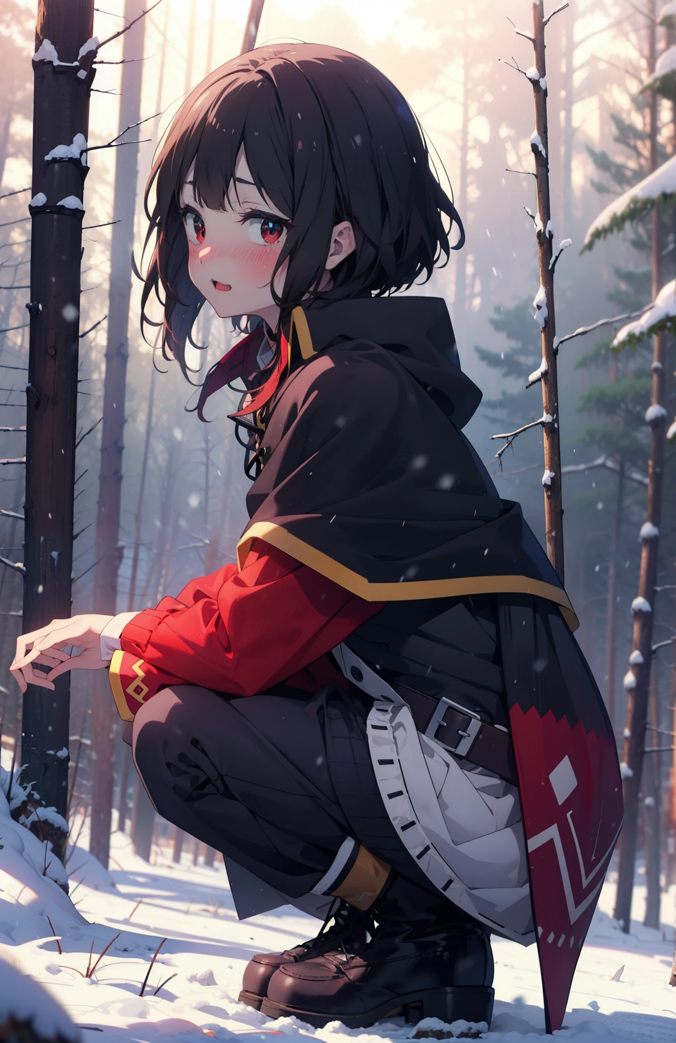 konosubaMegumin, Megumin, short hair, Black Hair, (Red eyes:1.3), short hair with long locks,Smile,blush,White Breath,
Open your mouth,snow,Ground bonfire, Outdoor, boots, snowing, From the side, wood, suitcase, Cape, Blurred, Increase your meals, forest, White handbag, nature, Squat, Mouth closed, フードed Cape, winter, Written boundary depth, Black shoes, red Cape break looking at viewer, Upper Body, whole body, break Outdoor, forest, nature, break (masterpiece:1.2), highest quality, High resolution, unity 8k wallpaper, (shape:0.8), (Beautiful and beautiful eyes:1.6), Highly detailed face, Perfect lighting, Extremely detailed CG, (Perfect hands, Perfect Anatomy),