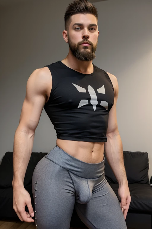 A young man, having long legs, thick thighs, large hips, thin and narrow weist, big large feminine breasts, wearing leggings and tshirt , sleeveless, very small spikey boyish haircut, big male reproductive organs, penis bulge, beard, man, man