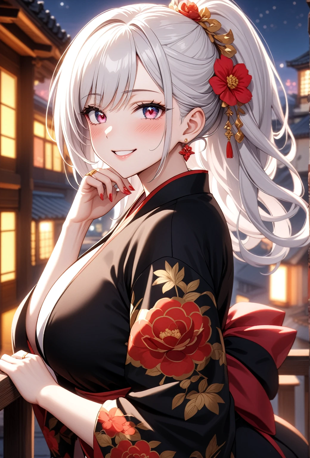 ((one personの女性)), Beautiful Face,Laughing embarrassedly,((Wink:2.0)),Laughing with your mouth open,((Bright red cheeks:1.3)),Glossy pink lips,night,rooftop,firework,((Anime style background)),masterpiece, highest quality, so beautiful, Latest, Complex details, (Pink long nails),(ring),AI-generated, Complex,High resolution, highest quality, super high quality,3D Images、View your viewers、3D Images,one person,Long white hair,High Ponytail,blue eyes,Anime woman posing for a photo, ((Fine grain、Colorful eyes、Shining Eyes:1.1)),(Squint your eyes:1.1),a hyperRealistic , hyperRealistic , Realistic,Anime woman with long and white hair, Smooth anime CG art, A woman in a colorful kimono with gold embroidery, (Black kimono),Red floral pattern,Long flower hair ornament,Big earrings,Mature Body,(Big Breasts:1.1),Tall,Big Ass,Fine details,Narrow waist,(Face close-up:1.4),Bring your hands closer to your face