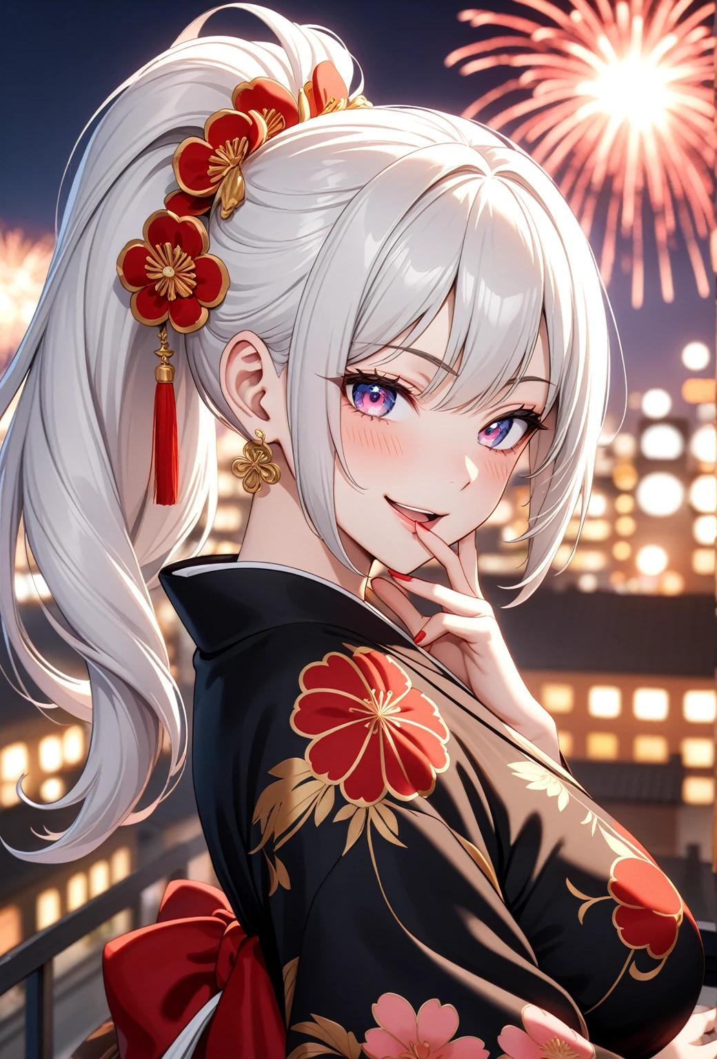 ((one personの女性)), Beautiful Face,Laughing embarrassedly,((Wink:2.0)),Laughing with your mouth open,((Bright red cheeks:1.3)),Glossy pink lips,night,rooftop,firework,((Anime style background)),masterpiece, highest quality, so beautiful, Latest, Complex details, (Pink long nails),(ring),AI-generated, Complex,High resolution, highest quality, super high quality,3D Images、View your viewers、3D Images,one person,Long white hair,High Ponytail,blue eyes,Anime woman posing for a photo, ((Fine grain、Colorful eyes、Shining Eyes:1.1)),(Squint your eyes:1.1),a hyperRealistic , hyperRealistic , Realistic,Anime woman with long and white hair, Smooth anime CG art, A woman in a colorful kimono with gold embroidery, (Black kimono),Red floral pattern,Long flower hair ornament,Big earrings,Mature Body,(Big Breasts:1.1),Tall,Big Ass,Fine details,Narrow waist,(Face close-up:1.4),Bring your hands closer to your face