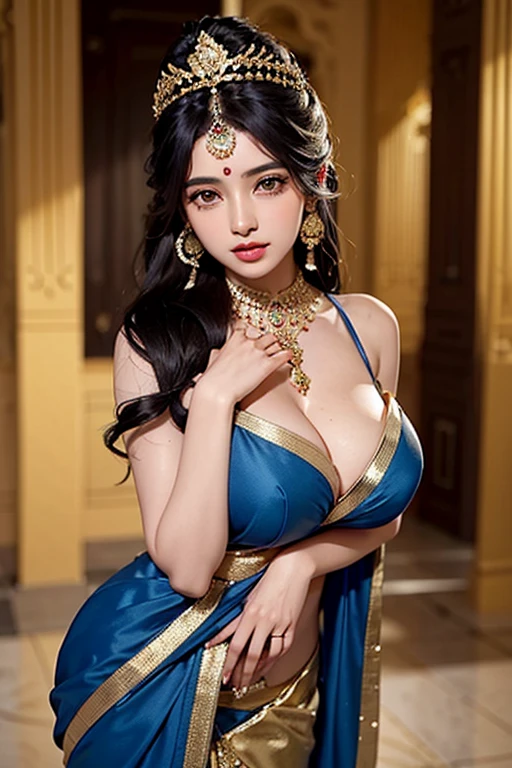 A beautiful indian hindu princess of fair complexion in indian blue gold plated saree and gold jewellery, long black weavy hair,heavy black long eyelashes, pink cheeks