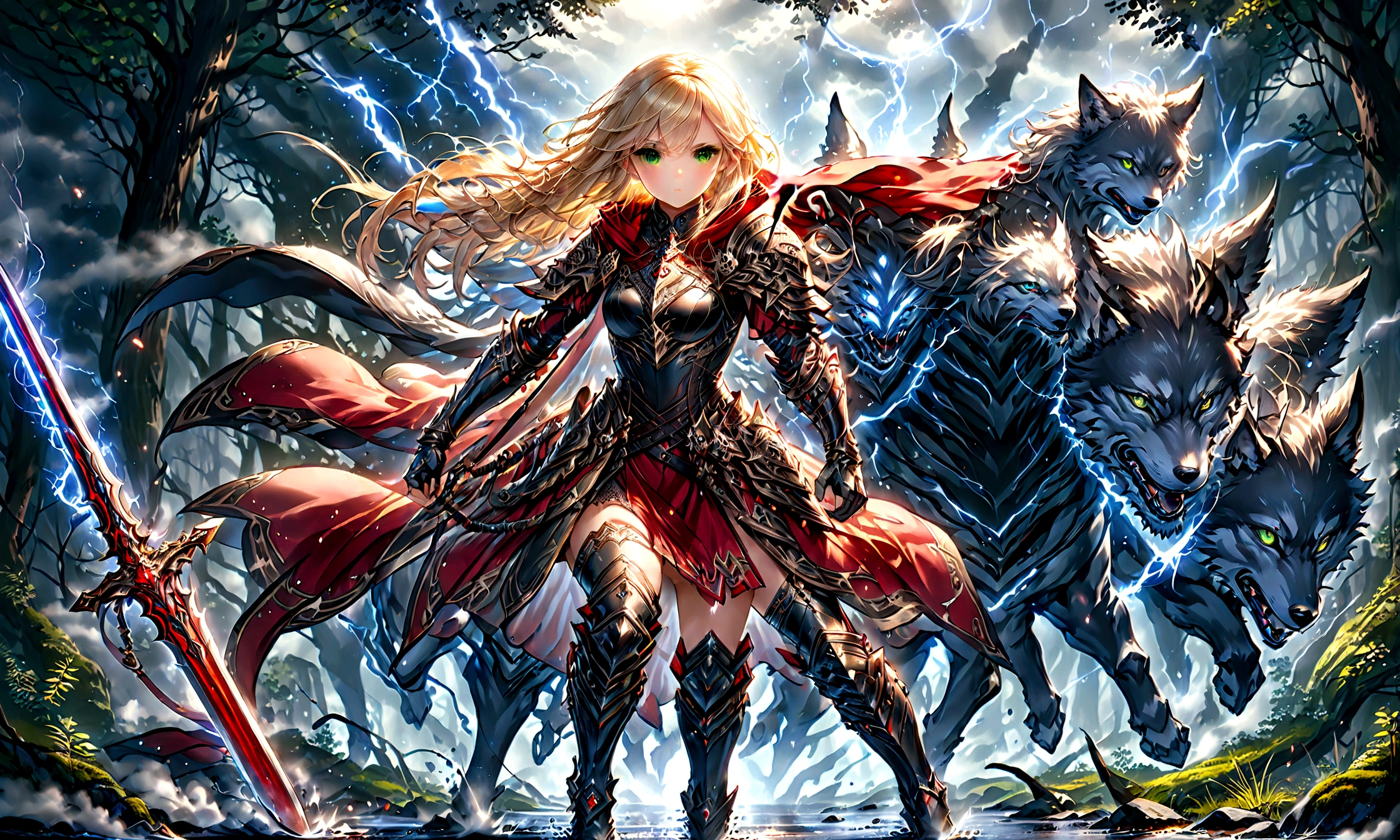 fantasy art, RPG art, Dark fantasy art, ultra wide shot, RAW, photorealistic, a picture of (1single: 1.5) female human ranger, the ranger, an exquisite beautiful human woman, long blond hair, braided hair, green eyes, wearing leather armor, wearing (red cloak: 1.1), armed with a (sword: 1.3), wearing laced boots, standing in a dark forest at night, (mist rising from the grounds: 1.3), a sense of dread and fear, yet she stands defiant and fearless, there is a (wolf: 1.2) companion standing by, guarding her, protecting her, dark fantasy forest background, best quality, 16k, [ultra detailed], masterpiece, best quality, (ultra detailed), full body, ultra wide shot, photorealism, Sword and shield, aetherpunkai