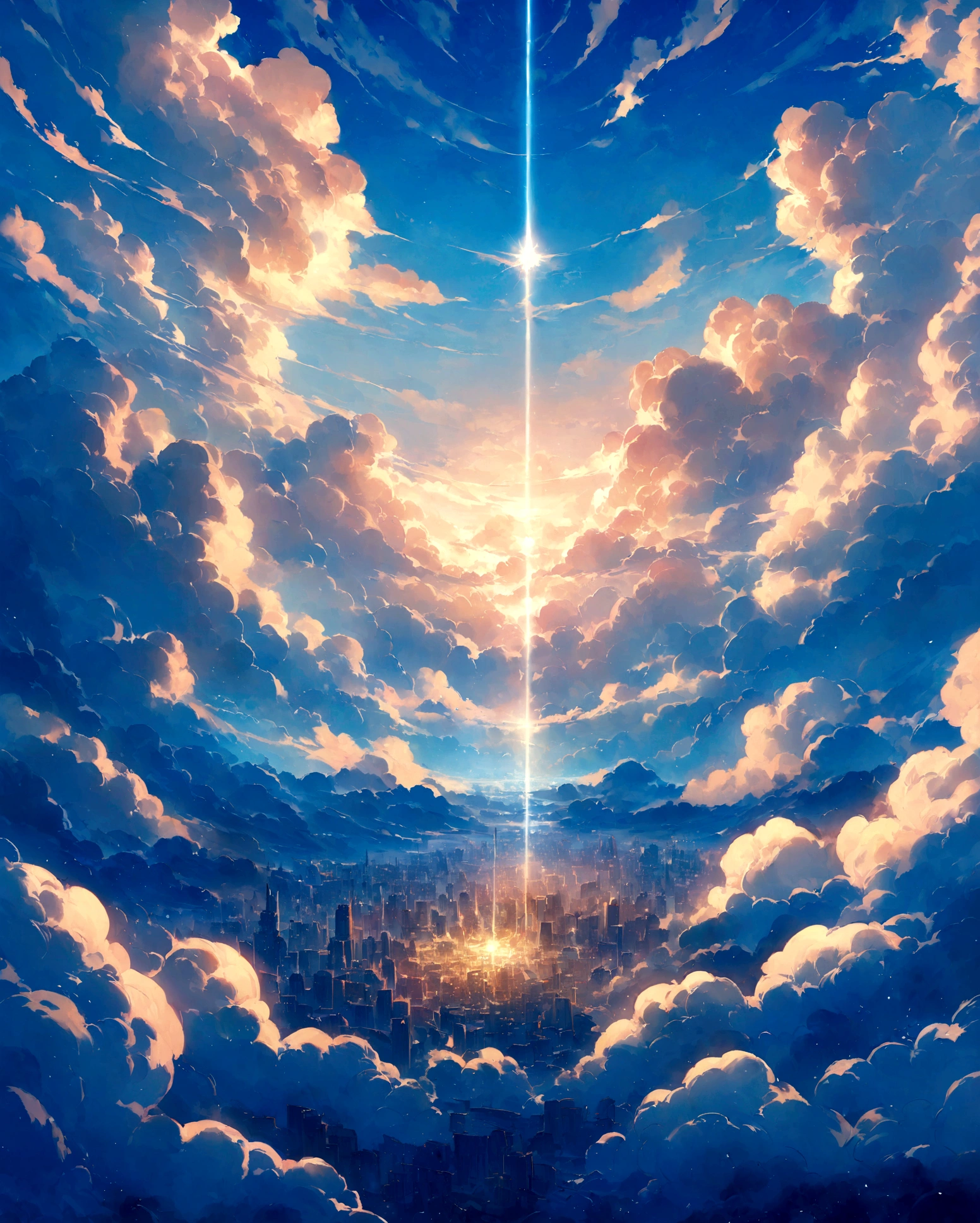 A vast, clear blue sky dominates the frame, transitioning from a deep blue at the top to a brighter, more translucent sky blue near the horizon, creating a gradient that seems to represent the effect of light scattering and absorption through the layers of the atmosphere, reminiscent of the stunning visuals in Makoto Shinkai's films. Countless cumulus clouds spread across the sky, their centers thick and three-dimensional, appearing soft and rounded like cotton candy. In contrast, the edges of the clouds are delicate and translucent, blurring the boundaries with the blue sky, evoking the ethereal quality characteristic of Shinkai's works. The clouds vary in size and shape, ranging from small, scattered puffs to larger masses, creating a diverse and dynamic skyscape that captures the essence of Shinkai's artistic style. Sunlight pierces through the gaps between the clouds, illuminating their edges with a dazzling glow, a technique often employed in Shinkai's films to create an enchanting, dreamlike atmosphere. This interplay of light enhances the three-dimensionality of the clouds and adds depth to the sky, drawing the viewer into the mesmerizing world of Shinkai's creations. The central cloud, in particular, shines more brightly than its surroundings, creating a dramatic focal point against the blue backdrop, a composition that echoes the visual storytelling techniques used in Shinkai's works. The lower portion of the image reveals an urban landscape, with towering skyscrapers lining the horizon, a common motif in Shinkai's films that often explores the relationship between nature and human society. This juxtaposition of the vast, natural beauty above and the man-made cityscape below creates a striking contrast, yet also suggests a coexistence between the two worlds, a theme frequently explored in Shinkai's narratives. The city's structures reflect the sunlight filtering through the clouds, adding a sparkling, luminous quality to the scene, further emphasizing the d