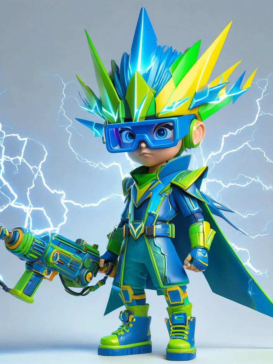 1boy, solo, Lightning energy，Electricity elements，Wearing a pointed headdress，Wearing large rectangular glasses，Blue Highlight Lightning，Wearing bright blue and green square clothing，High heel boots，Holding an electric weapon，Best quality，Original，whole body，Cartoon Style，3D character rendering，Created with C4D and Blender，precise，Blind box toy style，Super Detail，Anatomically correct，masterpiece, 1djxz1