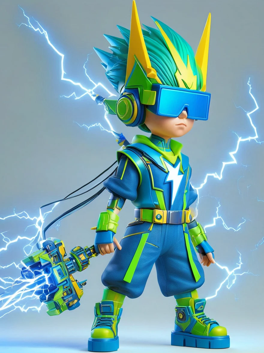1boy, solo, Lightning energy,Electricity elements,Wearing a pointed headdress,Wearing large rectangular glasses,Blue Highlight Lightning,Wearing bright blue and green square clothing,High heel boots,Holding an electric weapon,Best quality,Original,whole body,Cartoon Style,3D character rendering,Created with C4D and Blender,precise,Blind box toy style,Super Detail,Anatomically correct,masterpiece, 1djxz1
