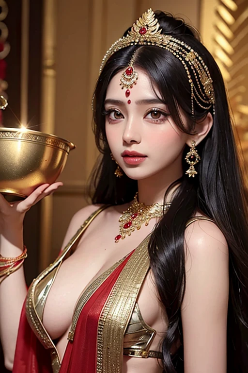 A beautiful indian hindu princess of fair complexion in indian red gold plated saree and gold jewellery, long black weavy hair, heavy black long eyelashes 