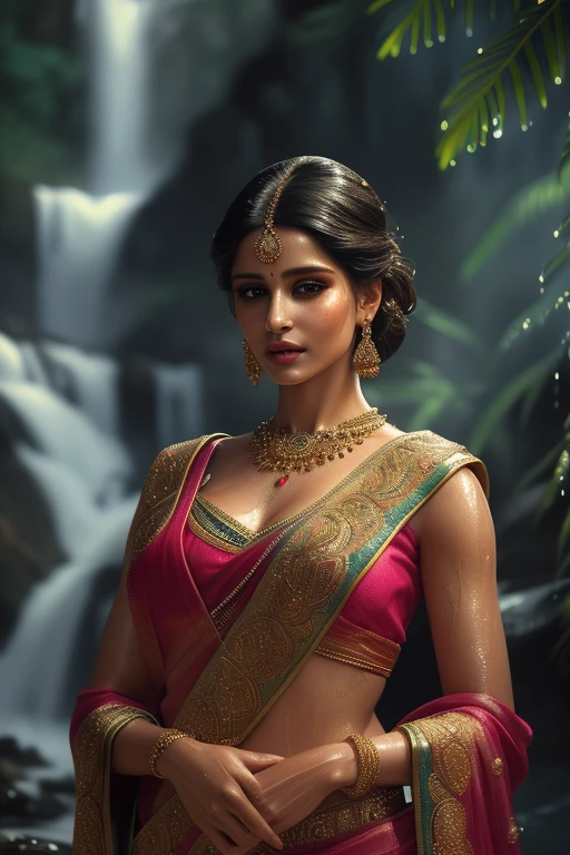 a lady standing under a waterfall, detailed face, beautiful eyes, full lips, long eyelashes, ornate jewelry, sari with open blouse, wet skin, water splashing, lush greenery, dramatic lighting, mist, photorealistic, detailed painting, masterpiece, highly detailed, vibrant colors, dramatic lighting, romantic, sensual,