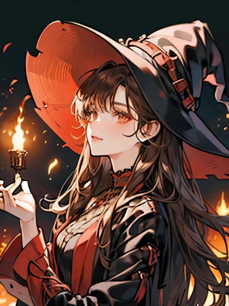 Beautiful woman, witch, long brown hair, brown eyes, red/dark brown clothes, ultra detailed ((NO WITCH HAT))