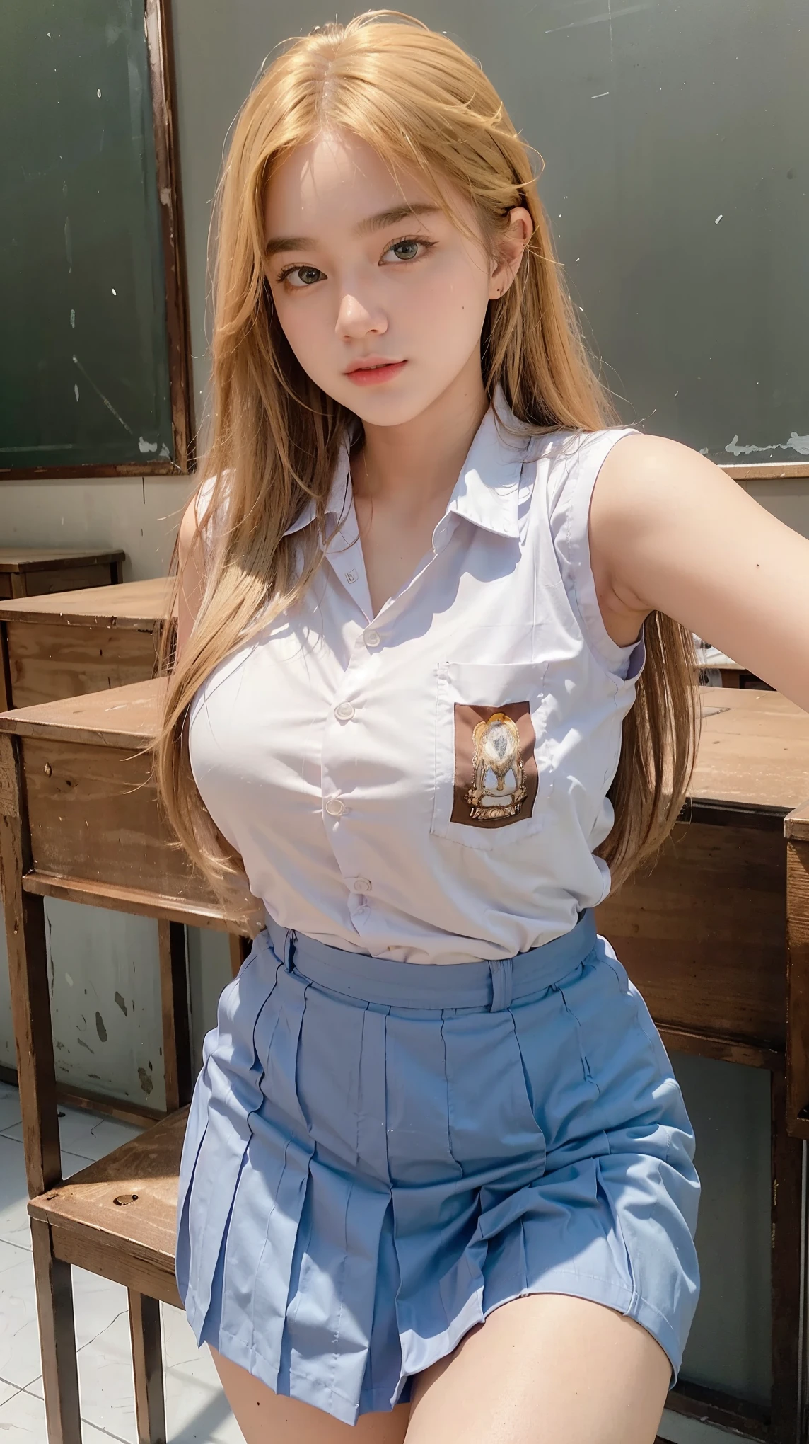 Masterpiece , Beautiful 18 Years Old , Gigantic Large Breast , Cleavage , Sleeveless , ((Wearing High School Uniform)) , High School Skirt , White Sneakers , In Classroom , Take Selfie , ((Centre:1.1)), ((Symetric Picture:1.1)) , ((Blonde Hair:1.1)) , Extremely Detailed , Messy Hair