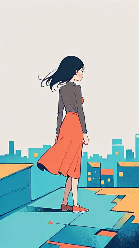 (Person Standing on the Rooftop:1.3)，Girl on the rooftop，Simple lines，Minimalism，Abstract Art，City background