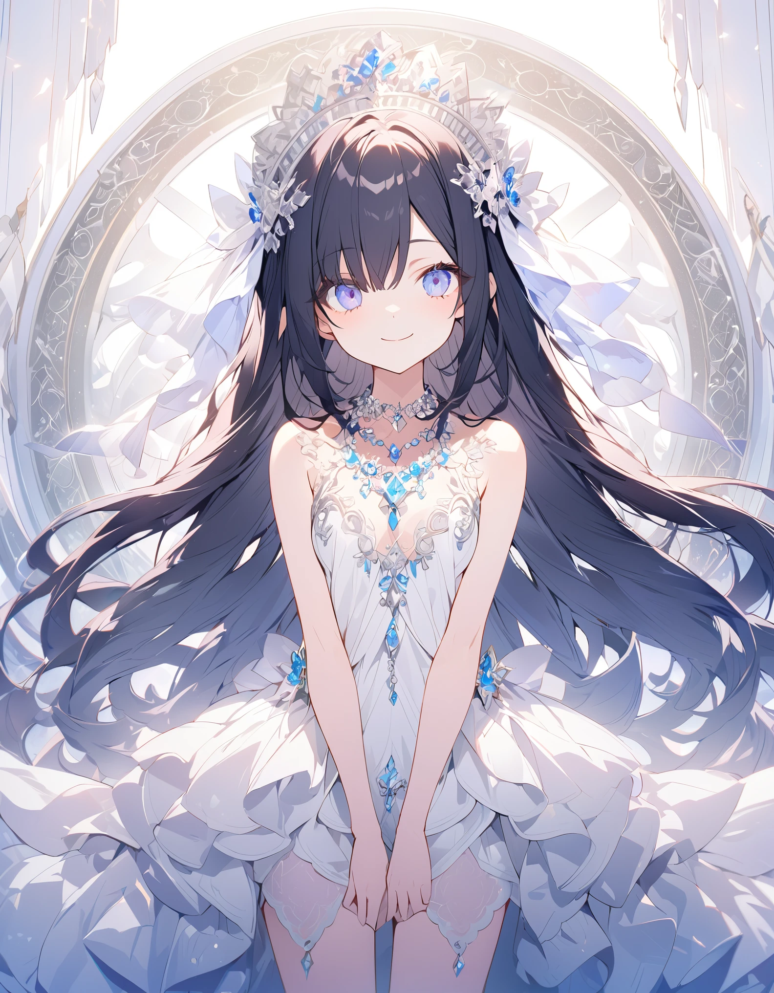highest quality, (Very detailed:1.2), Tabletop, finely, Very detailed wallpaper, (High resolution:1.2), (Very detailed CG unity 8k wallpaper), (An illustration:1.3), (Medium Full Shot), (whole body:1.3), \[(alone), (1 girl), Standing in the middle of a giant (magic circle:1.2), Purple long hair, Straight Hair, (Hair above one eye:1.Urupurueyes, Beautiful eyes, Beautiful Eyes, Beautiful face, Beautiful expression, Silver headdress, Light blue revealing dress, Crystal Necklace, smile
