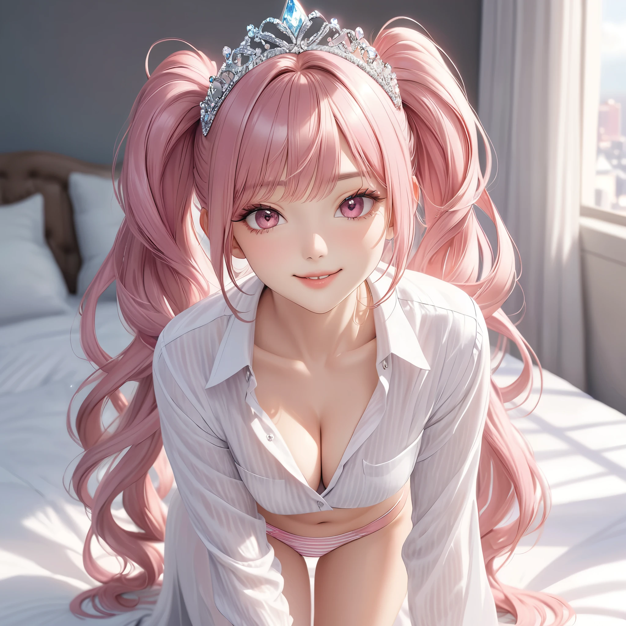 (8K, masutepiece, Best Quality, Official art, beautiful detailed, beautiful lighting, best masterpiece in history that exceeds limits), (1 Girl, Solo), (), (beautiful detailed face), (shiny white skin), (Beautiful big bust, cleavage:1.3), (thighs), (beautiful detailed pastel pink twin tails hair, Bangs:1.3), (beautiful detailed drooping pink eyes:1.5), (Beautiful Luxurious Diamonds Tiara), break, (White shirt, Open collar, Unbuttoned, White Button, long sleeves, long length, large size, Long hem:1.3), (beautiful detailed cute White and Pastel pink stripe pattern panties), (happy smile:1.2), (Attractive, Look at the camera, standing), (ultra detailed realistic Beautiful white bed room:1.3),