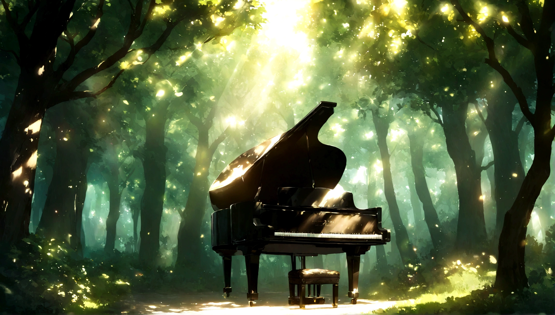 １A grand piano placed under a large book tree、The sunlight filtering through the trees makes it sparkle.