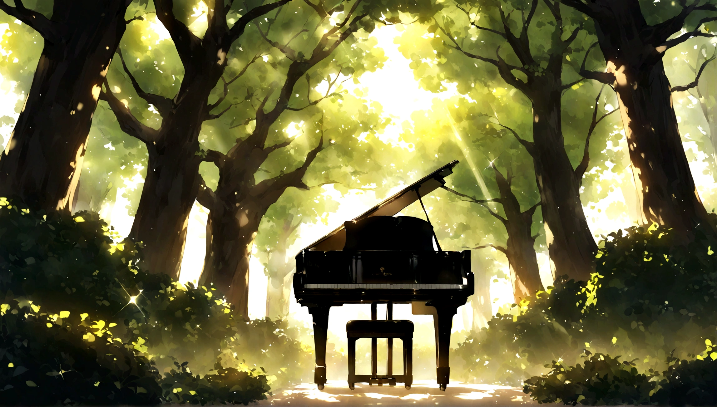 １A grand piano placed under a large book tree、The sunlight filtering through the trees makes it sparkle.