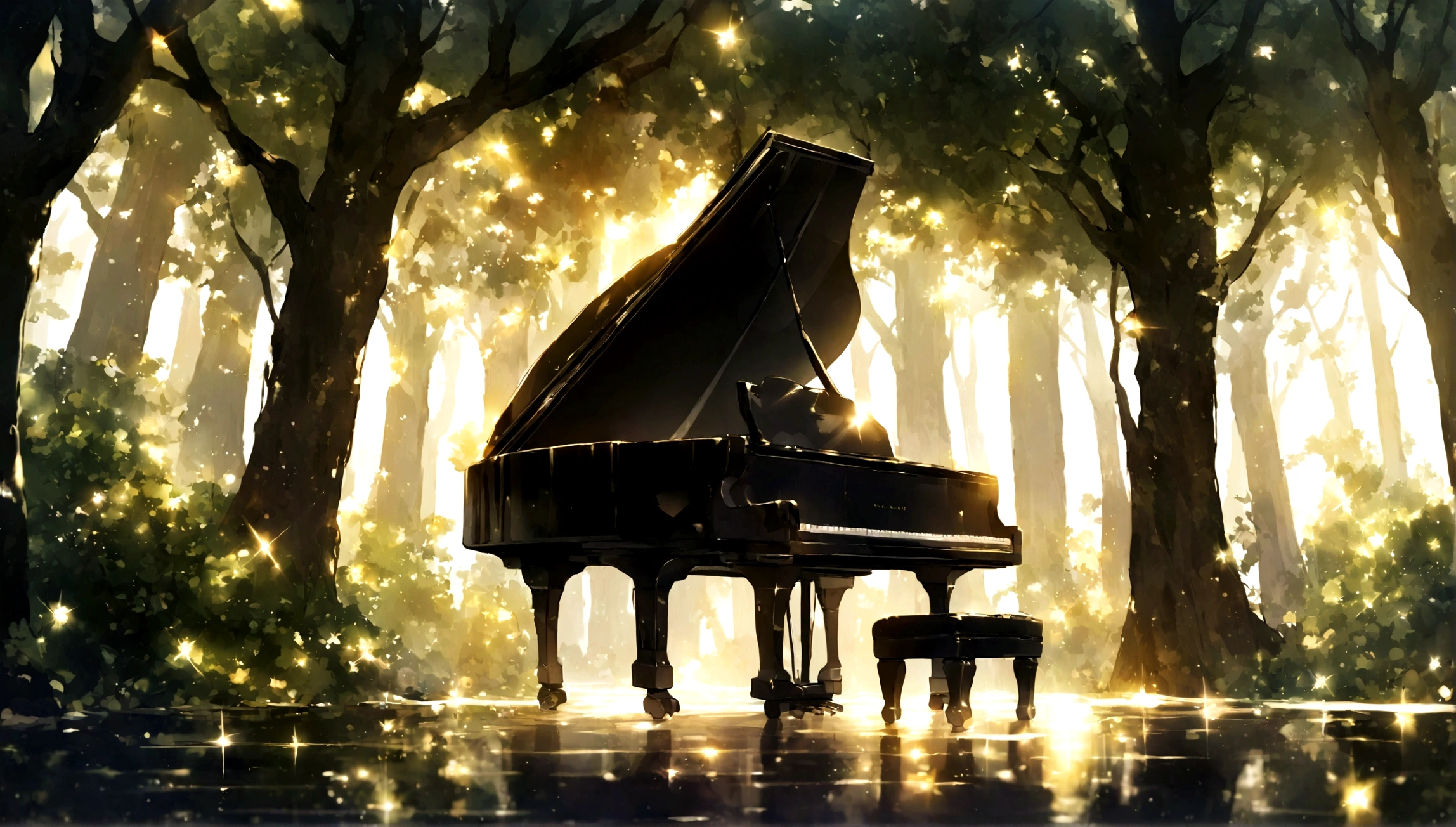 1A grand piano placed under a large book tree、The sunlight filtering through the trees makes it sparkle.
