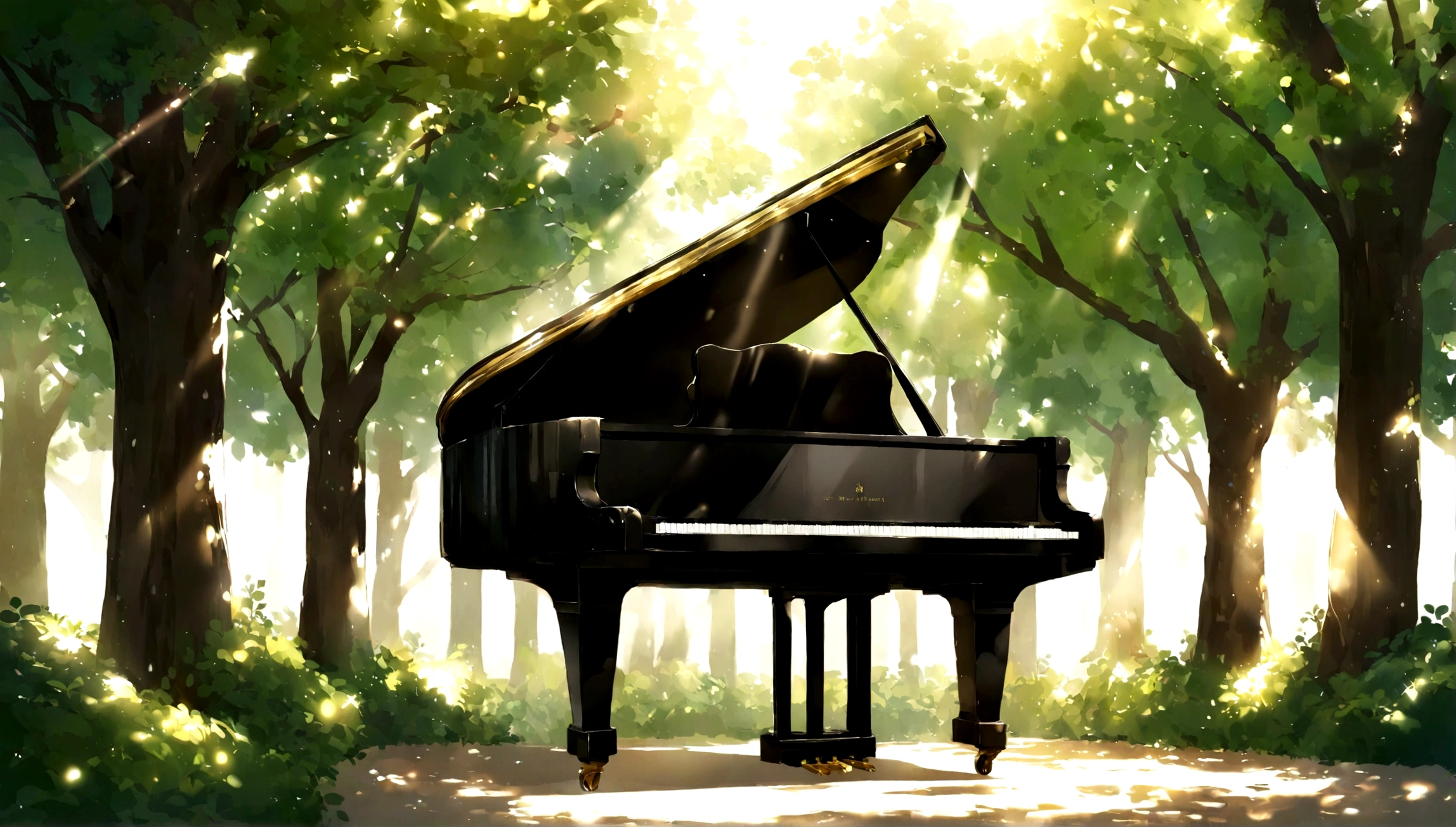 １A grand piano placed under a large book tree、The sunlight filtering through the trees makes it sparkle.