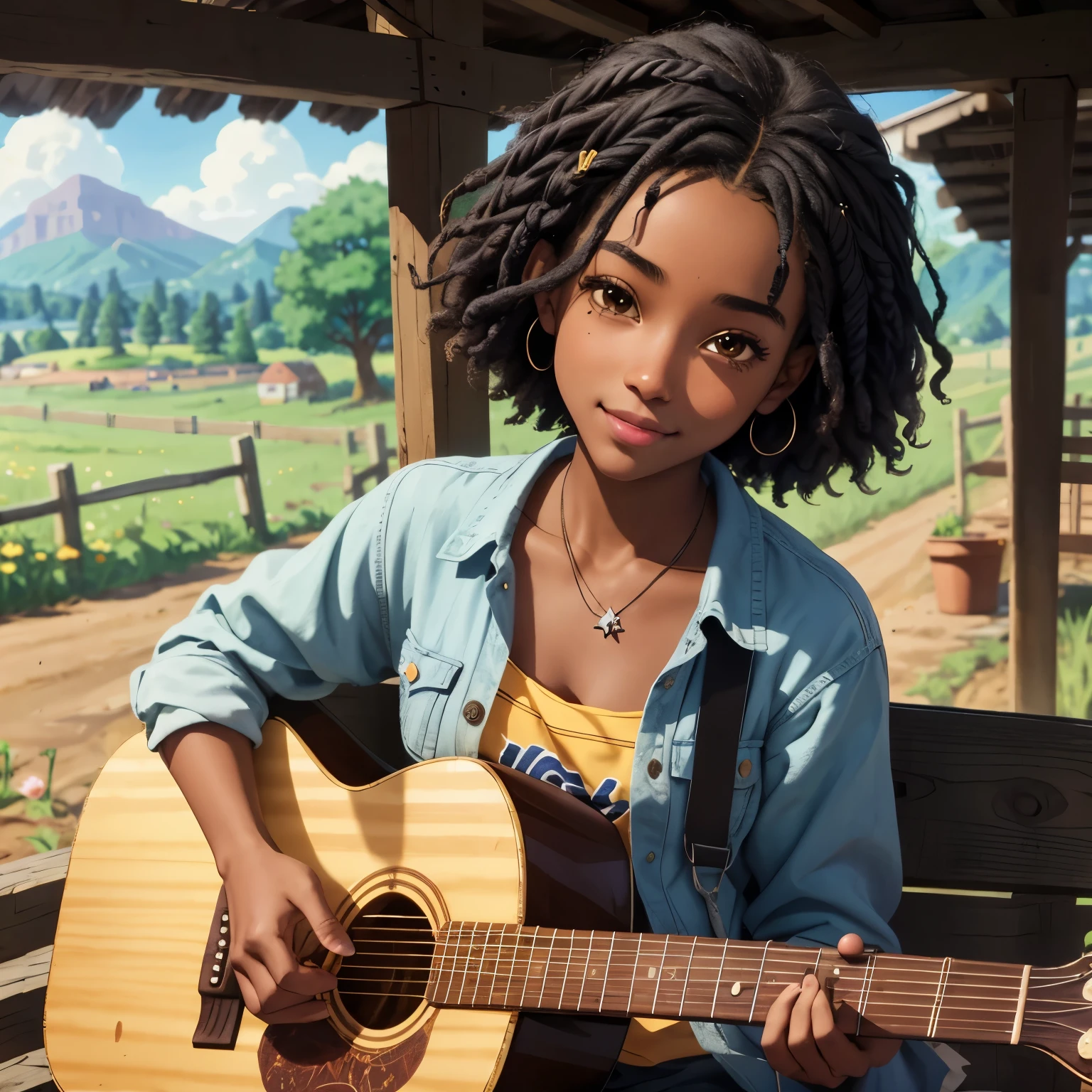 masterpiece, best quality), deep ebony 1girl, beautiful face, short Afro braids , cute, , beautify, Lofi vibe,, cute night vibe, concentrated, hands outside of the picture, farm, countryside vibe , cowgirl clothing, cute look, clothing is dry and baggy, small breasts, teen vibe, cute smile, sitting next to a guitar, Stardew valley vibe