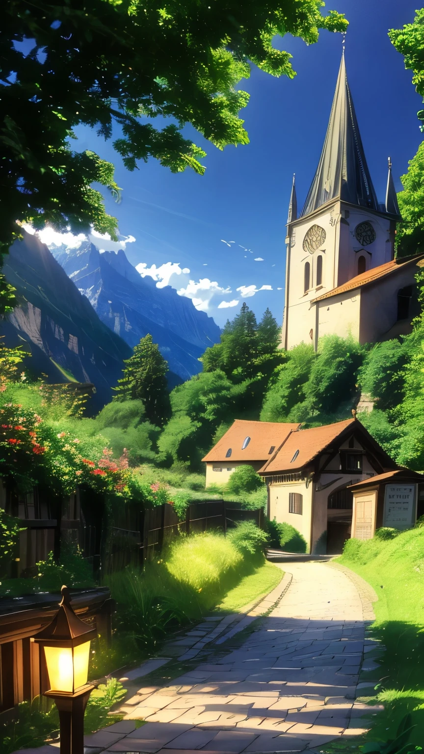 there is a small path going up a hill with a church in the background, lauterbrunnen valley, in the swiss alps, swiss alps, switzerland, by Karl Stauffer-Bern, lovely valley, by Sebastian Spreng, by Tobias Stimmer, alpine scenery, shot on hasselblad, by Matthias Weischer, swiss architecture, by Otto Meyer-Amden(brokeh effect)(glowing firefly)