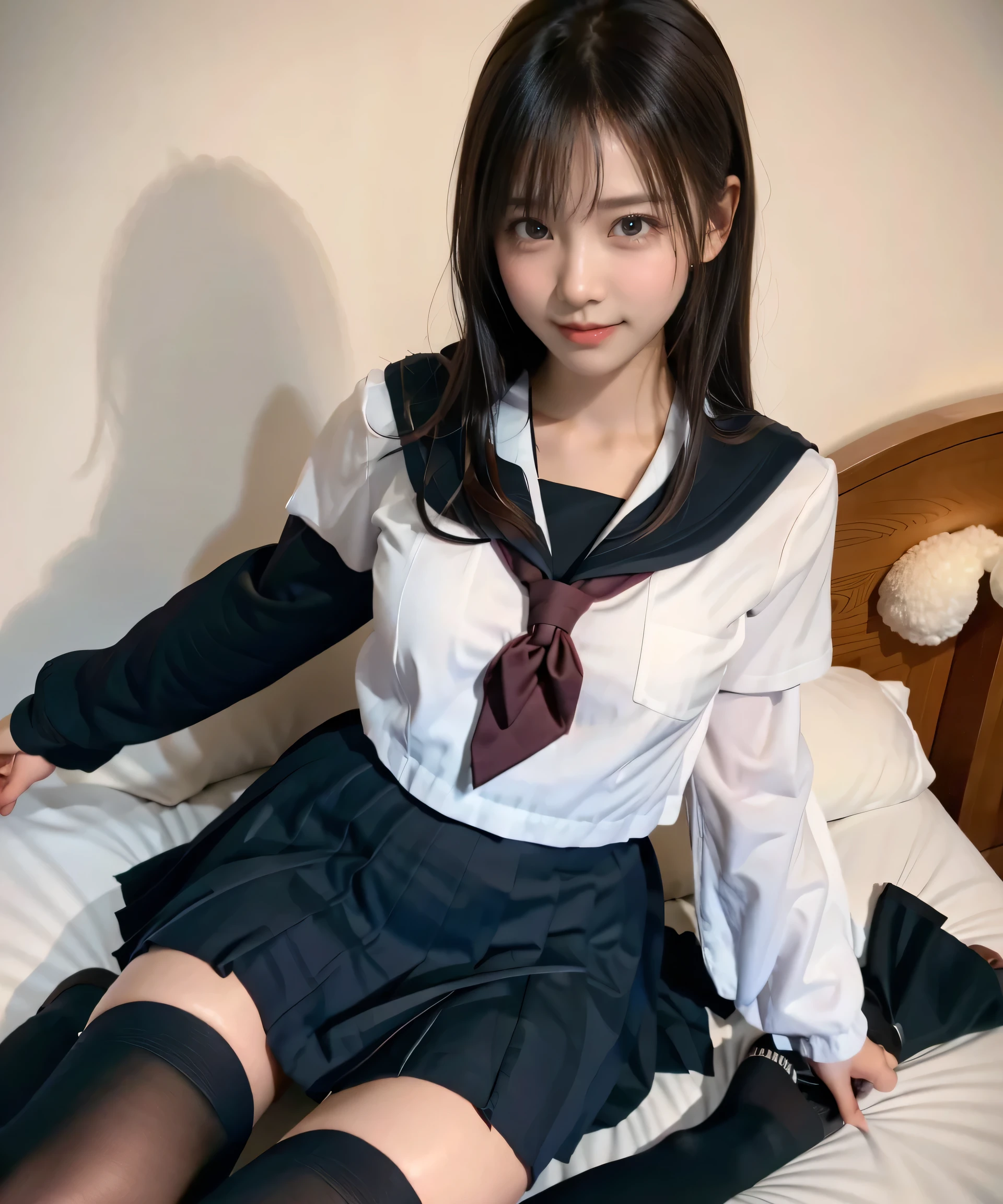(From above), Young girl, (Seifuku), (Black high socks), feet, (The whole body is visible), (A light smile:0.8), 超High resolution, retina, Accurate, masterpiece, Anatomically correct, Textured skin, Very detailed, Awards, highest quality, High resolution, 8k, (Realistic:1.4), M-shaped legs, On the bed