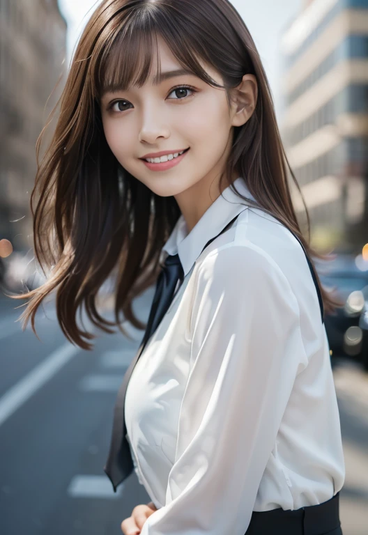 (8k, RAW Photos, Photorealistic:1.2, f22)、(masterpiece, highest quality:1.1),One girl, (Shiny skin), Detailed skin,(Dark brown hair、Long Wave:1.4), (suit:1.4、Collared shirt),Detailed face, Fine grain, Bright smile, Real World, Intricate details, Bright smile,, (City:1.4),