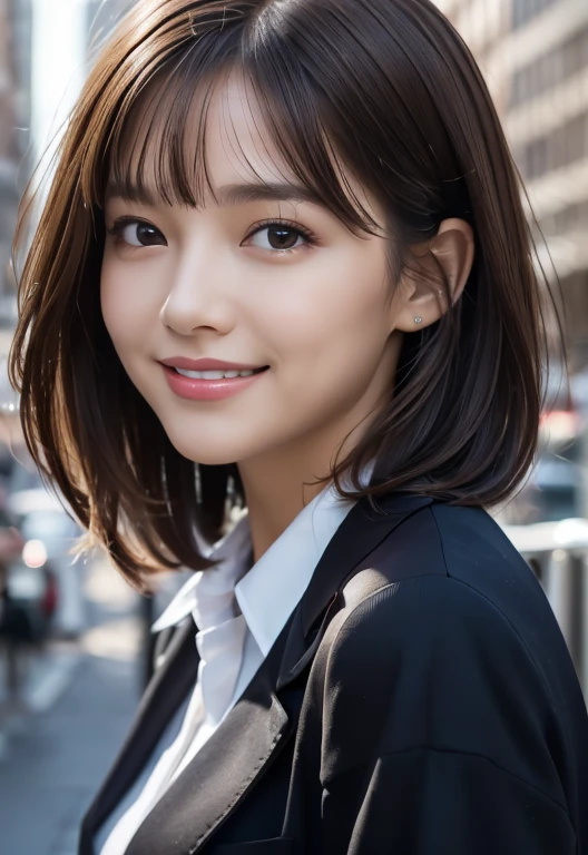 (8k, RAW Photos, Photorealistic:1.2, f22)、(masterpiece, highest quality:1.1),One girl, (Shiny skin), Detailed skin,(Dark brown hair、Long Wave：1.4), (suit:1.4、Collared shirt),Detailed face, Fine grain, Bright smile, Real World, Intricate details, Bright smile,, (City:1.4),