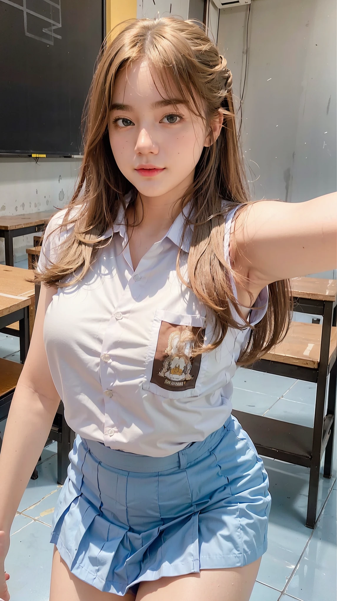 Masterpiece , Beautiful 18 Years Old , Gigantic Large Breast , Cleavage , Sleeveless , ((Wearing High School Uniform)) , High School Skirt , White Sneakers , In Classroom , Take Selfie , ((Centre:1.1)), ((Symetric Picture:1.1)) , ((Blonde Hair:1.1)) , Extremely Detailed , Messy Hair