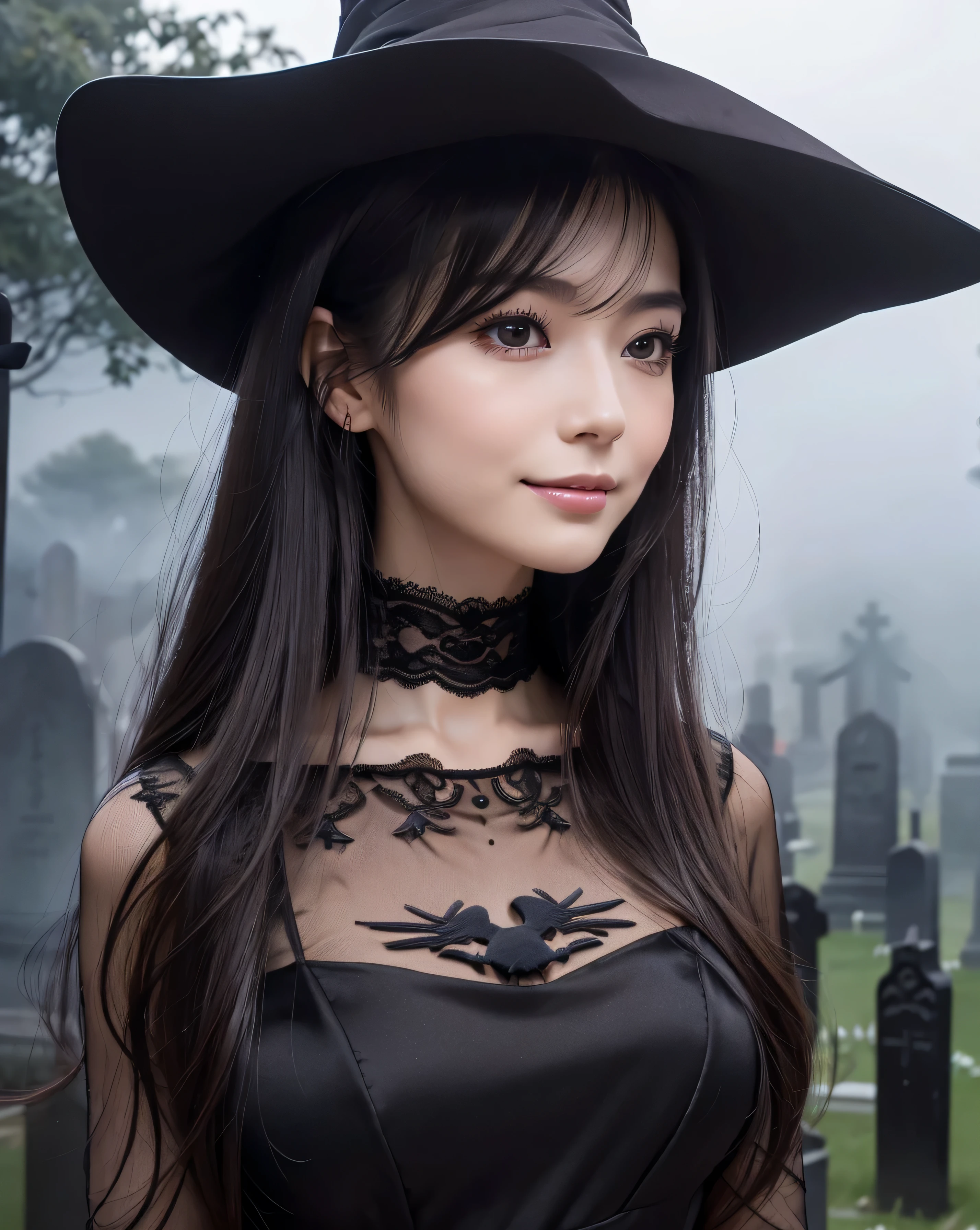 (highest quality, 32k, High resolution, Masterpiece:1.5, ), marimo_jet, Concept Art, In a quiet cemetery in the middle of the night with a cold wind blowing, Evoking eerie serenity and elusive beauty, Expressing emotions, Have a rich imagination,Beautiful Japanese Girls, An exceptionally beautiful face, Small Face Beauty,((profile:1/2)), Perfect Human Anatomy, Magical big eyes, Motherhood and generosity, Deep Love, ((fleeting smile:1.1)), Shiny black hair, Beautifully arranged super long straight silk hair, Asymmetrical bangs, Hair between the eyes, Transparent, soft white skin, Sharp eyebrows, Thin lashes, Natural Makeup, Cheek highlighter, Pale pink detailed lips, ((fantasy witch:1.1)), ((Black lace classic dress:1.2)), (Black tricorn hat:1.3), Slim figure with ample breasts, ((Midnight Cemetery:1.2)), ((A vague silhouette of a crow beyond the thick fog:1.2)), Professional Lighting, Professional photographer, Professional models, mysterious