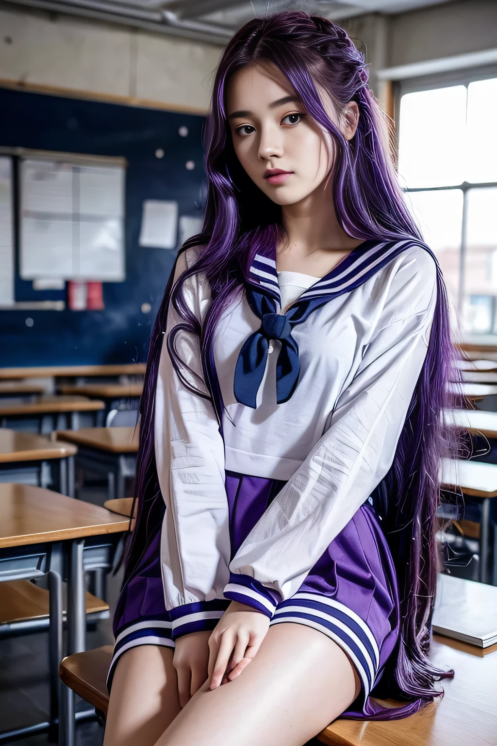 An eighteen-year-old young woman with long purple hair in a sailor suit sits in a classroom (school 1.5 in the background) (expression serious, cold 1.5) (best quality: 1.1) (masterpiece: 1.3) with an unparalleled masterpiece, surreal 8K, perfect artwork, super detail, best quality, masterpiece 4K wallpaper aesthetics, masterpiece, award-winning artwork, official art, cinematic lighting