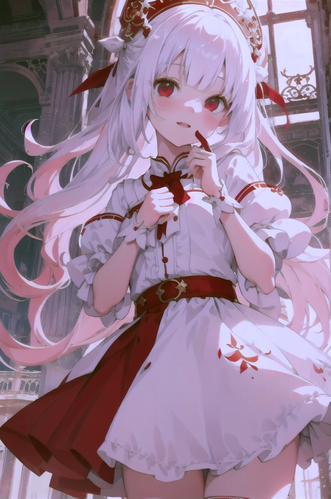 Beautiful illustrations, highest quality, Cute girl, (Conversion Sequence), Transformation Magical Girl, Little, White Magical Girl, Fractal Art, albino, Baby Face, Long pure white red mesh hair, Beautiful and detailed red eyes, Cinema Lighting, Cowboy Shot, View Viewer, From below, Happy