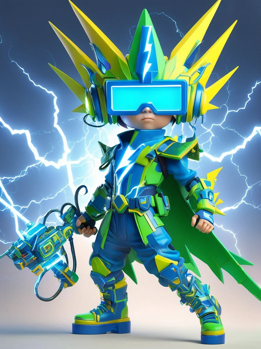 1boy, solo, Lightning energy,Electricity elements,Wearing a pointed headdress,Wearing large rectangular glasses,Blue Highlight Lightning,Wearing bright blue and green square clothing,High heel boots,Holding an electric weapon,Best quality,Original,whole body,Cartoon Style,3D character rendering,Created with C4D and Blender,precise,Blind box toy style,Super Detail,Anatomically correct,masterpiece, 1djxz1
