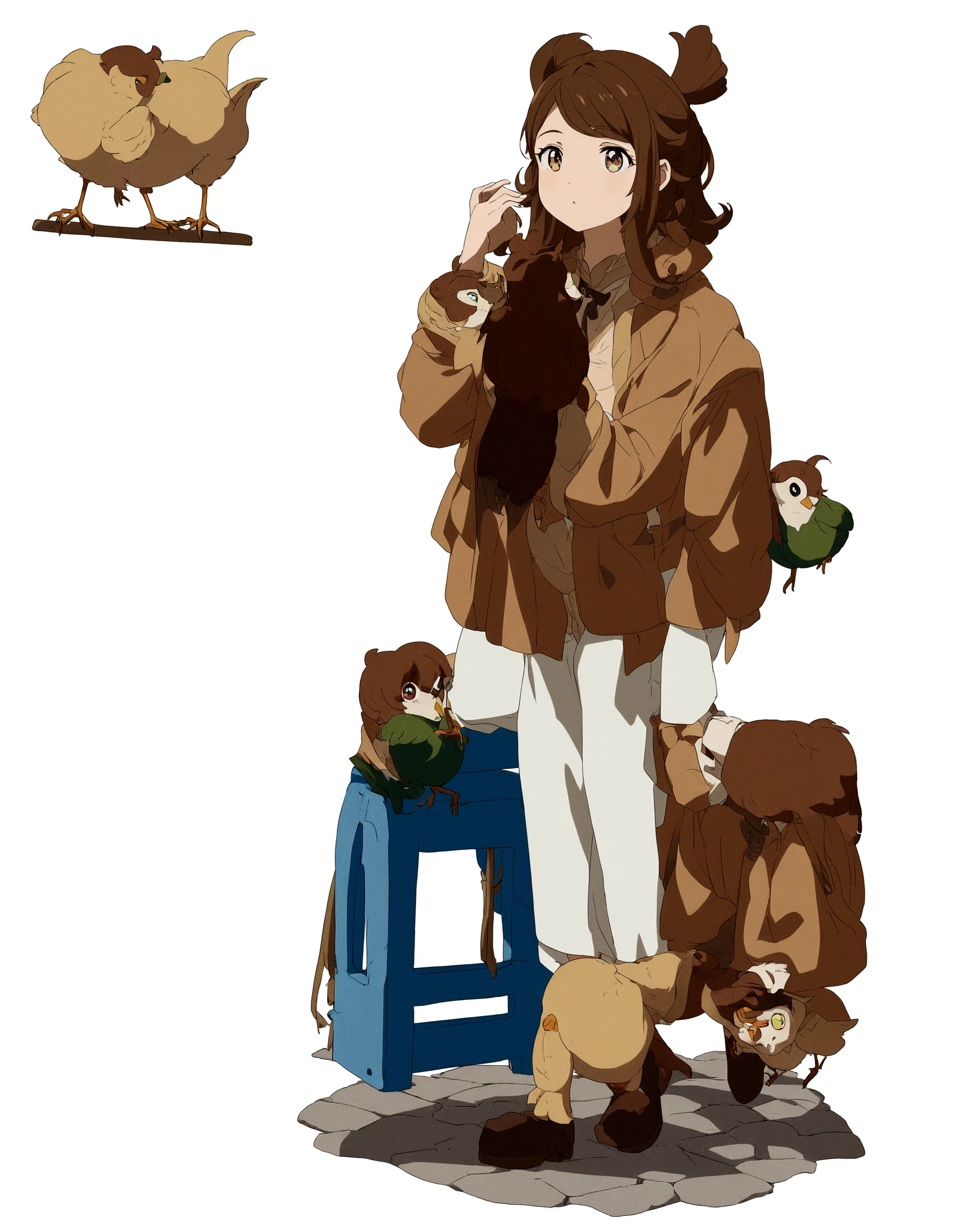 (Super meticulous),(full bodyesbian:1.2), (hair swept bangs:1.3), (brown hair:1.3), there is a woman that is standing next to a bird, 1girl, anime full body illustration, full body portrait of a short!, detailed anime character art, !!full body portrait!!, female protagonist 👀 :8, full_body!!, full body illustration, anime moe artstyle, full body character portrait, anime style character, character full body portrait, fullbody portrait, style anime,(Beautiful and delicate eyes)