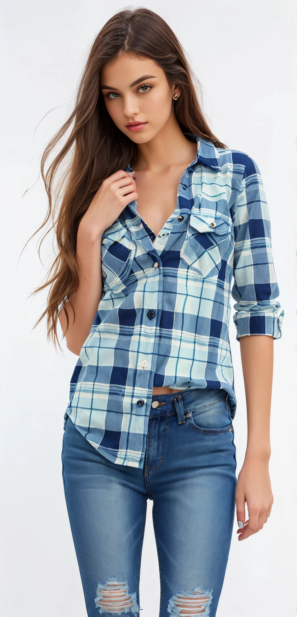 a woman wearing a blue and green plaid camisa and ripped jeans, wearing plaid camisa, wearing a plaid camisa, plaid camisa, wearing a flanela camisa, flanela, wearing in camisa, button up camisa, lumberjack flanela, button - up camisa, wearing a camisa and a jean, blusas largas, camisa, Tendencies, wearing a camisa, In fashion, roupas ocidentais