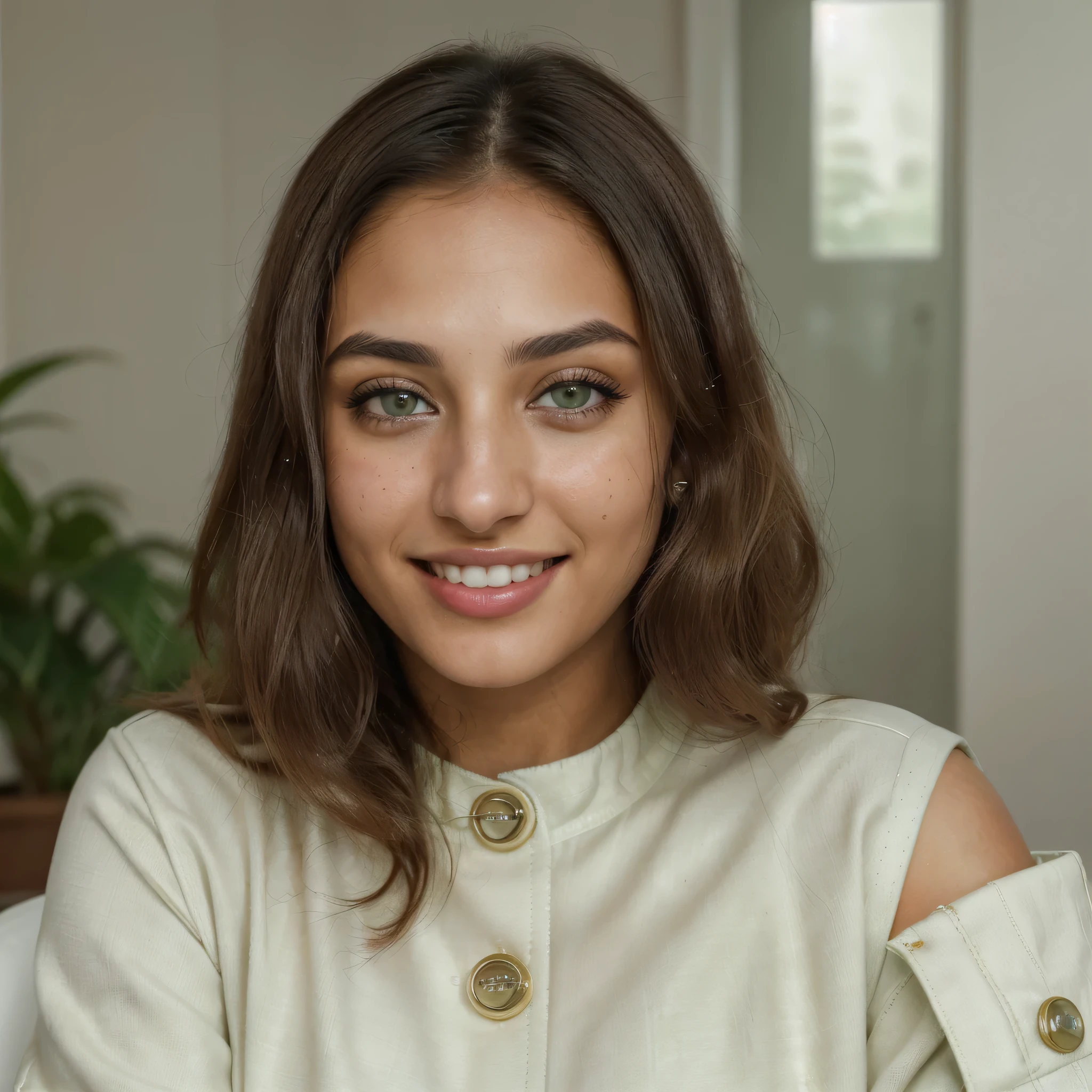 (8k, highest quality, ultra detailed:1.37, mid-range image),1girl, brown skin, white teethes, wide open eyes, 18yo, green jacket, in a dentist clinic, setting on the dentist chair, light green eyes, small head, acne,bad skin,small nose, acne skin, real, thick hair, super realistic detailed eyes, super realistic detailed teethes, Arab women, modest, attractive smile, white teeth, showcases her unique fashion sense in a trendy setting. The high-resolution image captures ultra-detailed realism, highlighting confident pose, captivating eyes, big eyes, and flawless complexion.