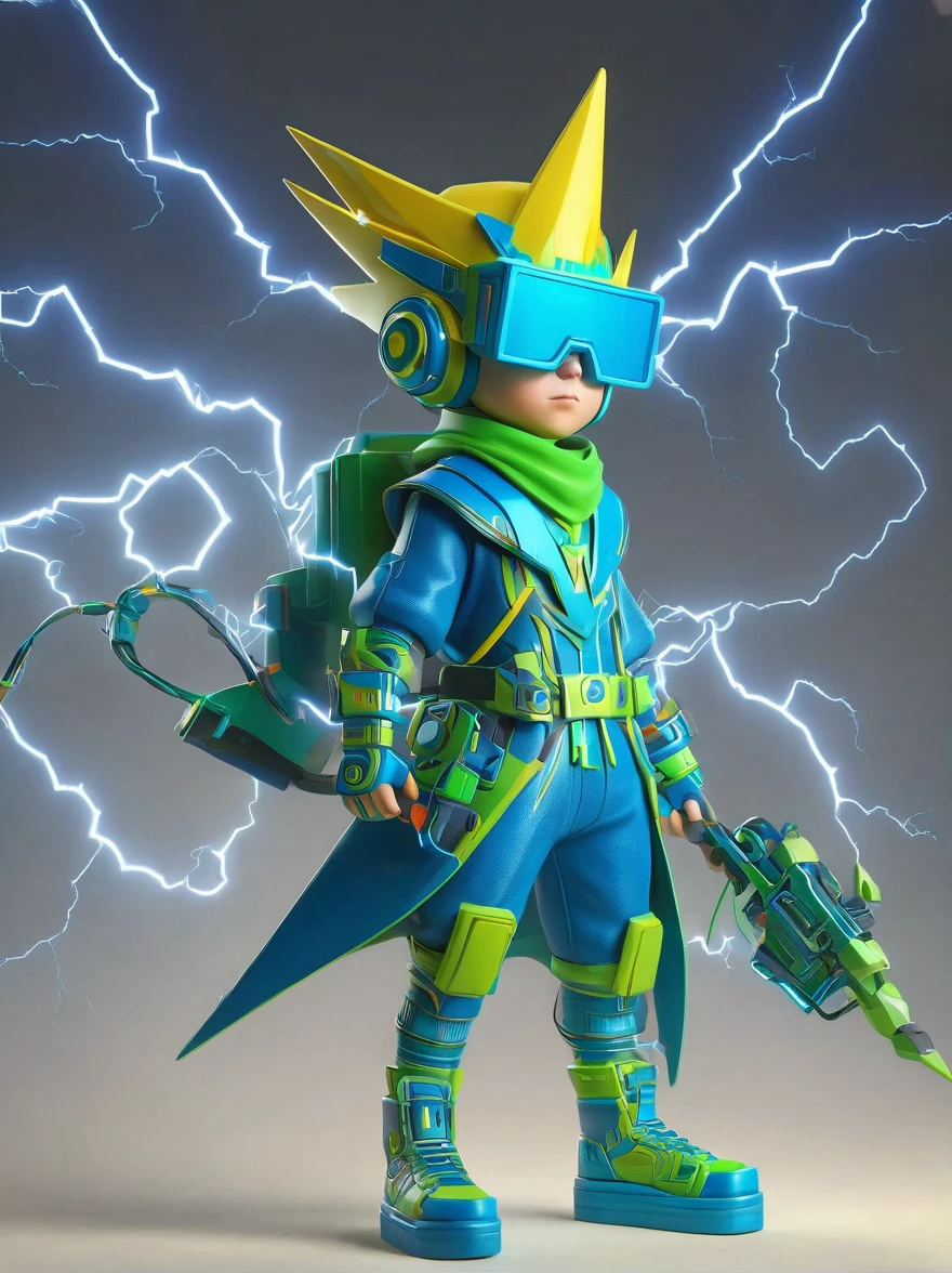 1boy, solo, Lightning energy，Electricity elements，Wearing a pointed headdress，Wearing large rectangular glasses，Blue Highlight Lightning，Wearing bright blue and green square clothing，High heel boots，Holding an electric weapon，Best quality，Original，whole body，Cartoon Style，3D character rendering，Created with C4D and Blender，precise，Blind box toy style，Super Detail，Anatomically correct，masterpiece, 1djxz1