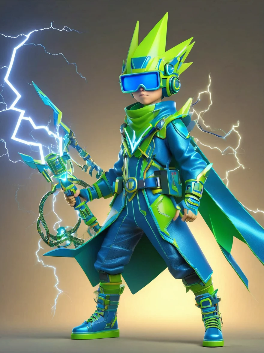 1boy, solo, Lightning energy，Electricity elements，Wearing a pointed headdress，Wearing large rectangular glasses，Blue Highlight Lightning，Wearing bright blue and green square clothing，High heel boots，Holding an electric weapon，Best quality，Original，whole body，Cartoon Style，3D character rendering，Created with C4D and Blender，precise，Blind box toy style，Super Detail，Anatomically correct，masterpiece, 1djxz1