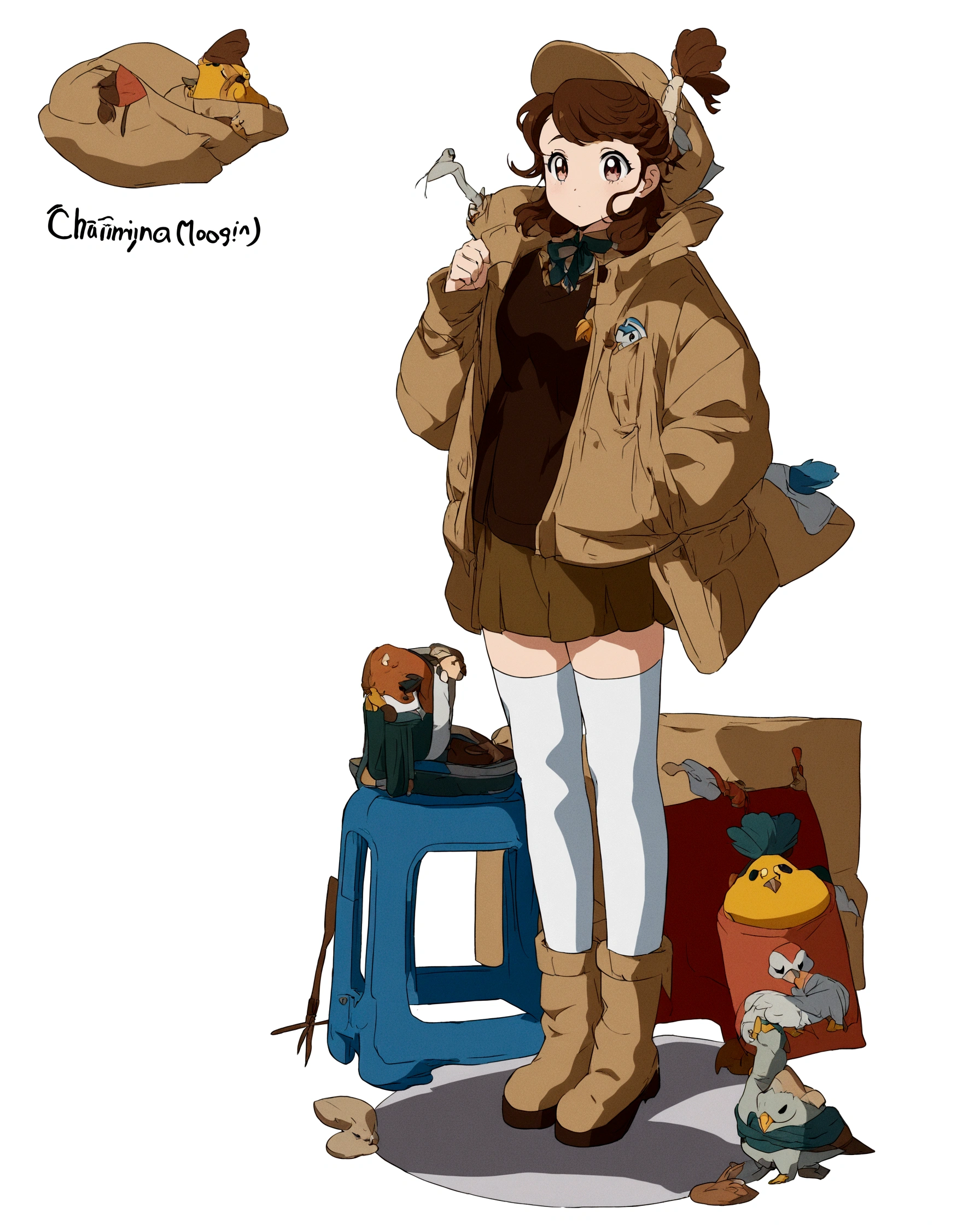 (Super meticulous),(full bodyesbian:1.2), (hair swept bangs:1.3), (brown hair:1.3), there is a woman that is standing next to a bird, 1girl, anime full body illustration, full body portrait of a short!, detailed anime character art, !!full body portrait!!, female protagonist 👀 :8, full_body!!, full body illustration, anime moe artstyle, full body character portrait, anime style character, character full body portrait, fullbody portrait, style anime,(Beautiful and delicate eyes)